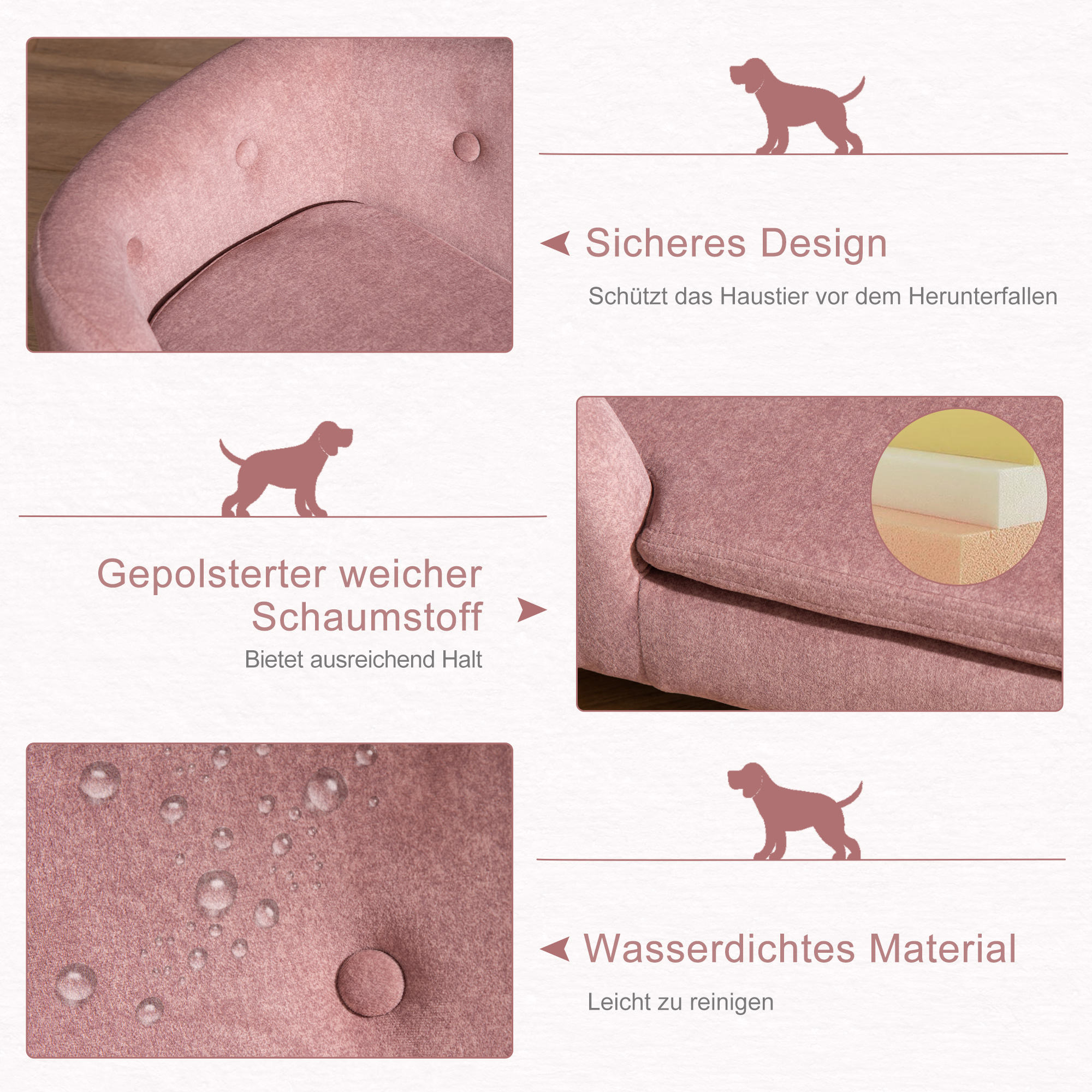PawHut hondenbank hondenmat hondenmand hondenbank hondenbank katten bank met kussen achterzak pluche schuim grenen hout roze 70 x 47 x 30 cm