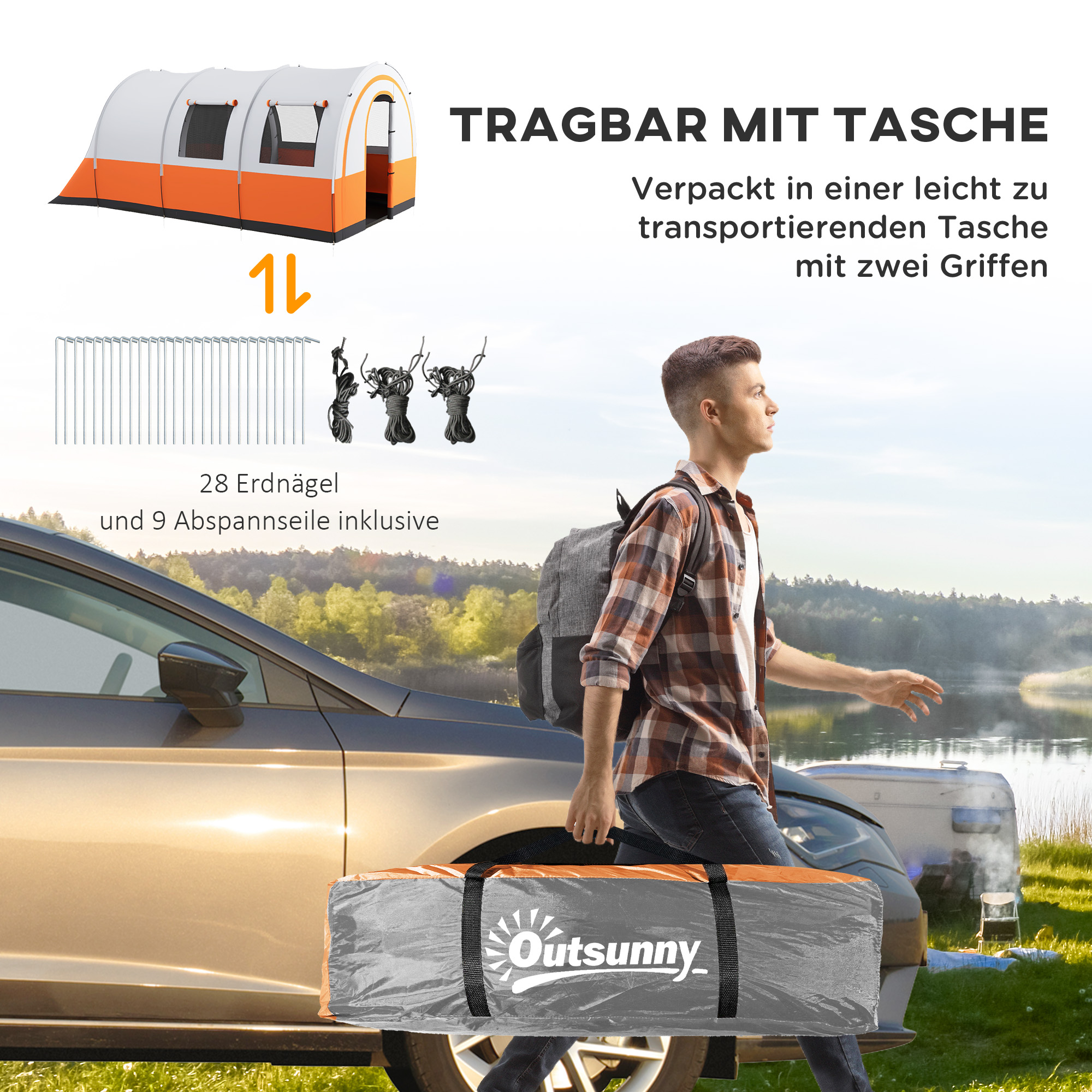 Outsunny Campingtent tot 6 Pers, FamilieTent, Aparte Ruimtes, Waterdicht, Crèmewit