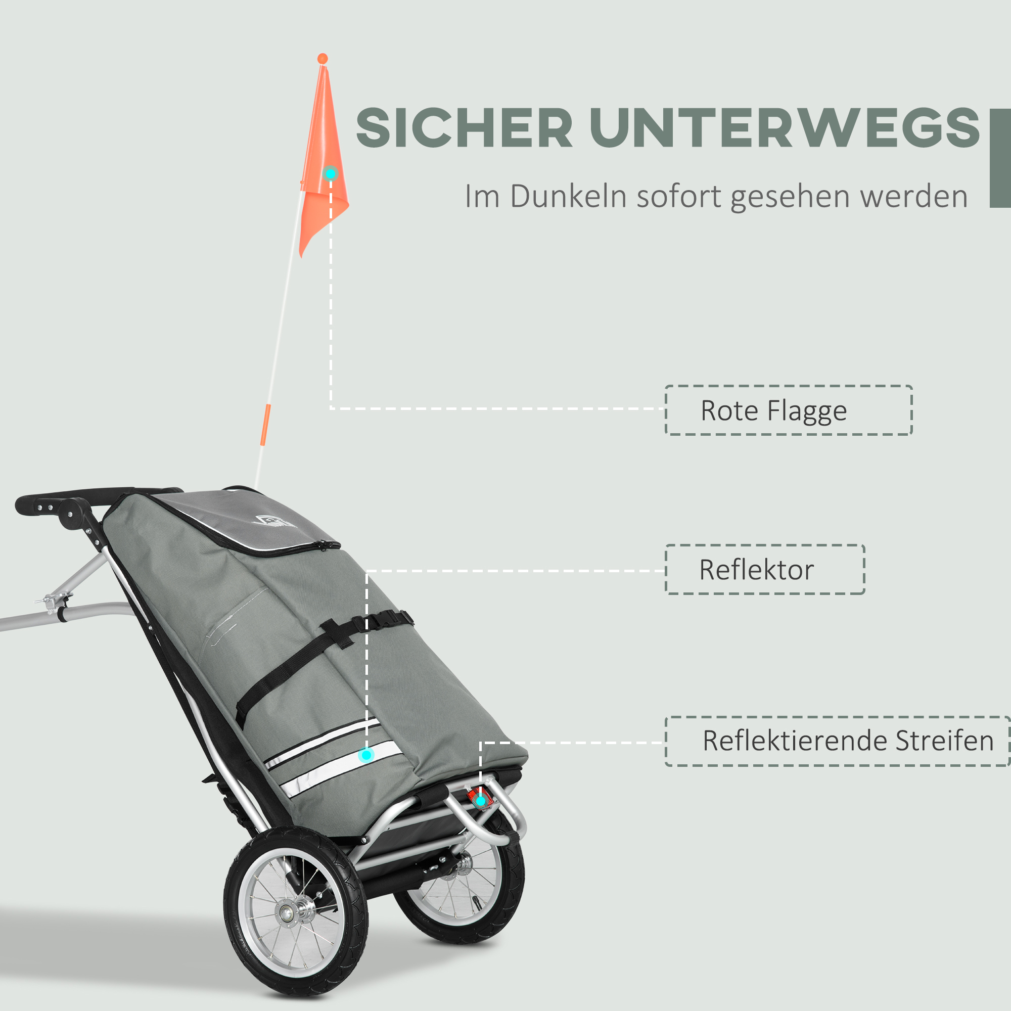 HOMCOM 3-in-1 Boodschappentrolley Winkelwagen Fietsaanhanger Steekwagen, 53 x 43 x 110cm, Grijs+Zilver