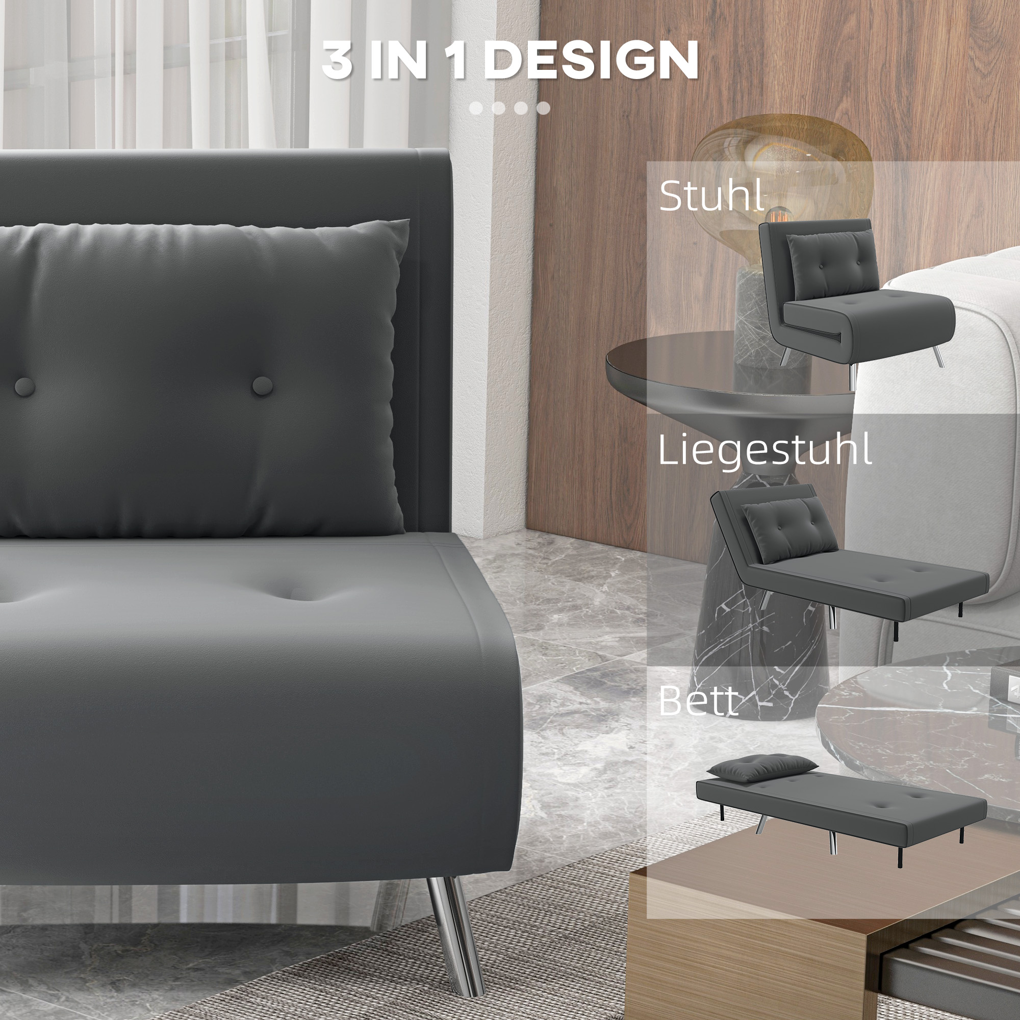 HOMCOM Ligstoel Stoel met Ligfunctie Slaapstoel, Knoopdetail, Linnenlook, 77 cm x 88 cm x 83 cm, Donkergrijs