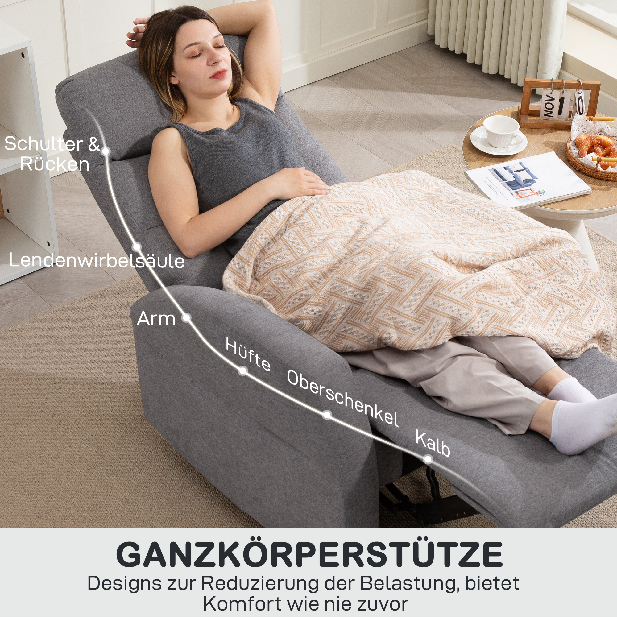 HOMCOM Verstelbare Relaxfauteuil met Voetsteun, Moderne Gepolsterde Stoel, Donkergrijs