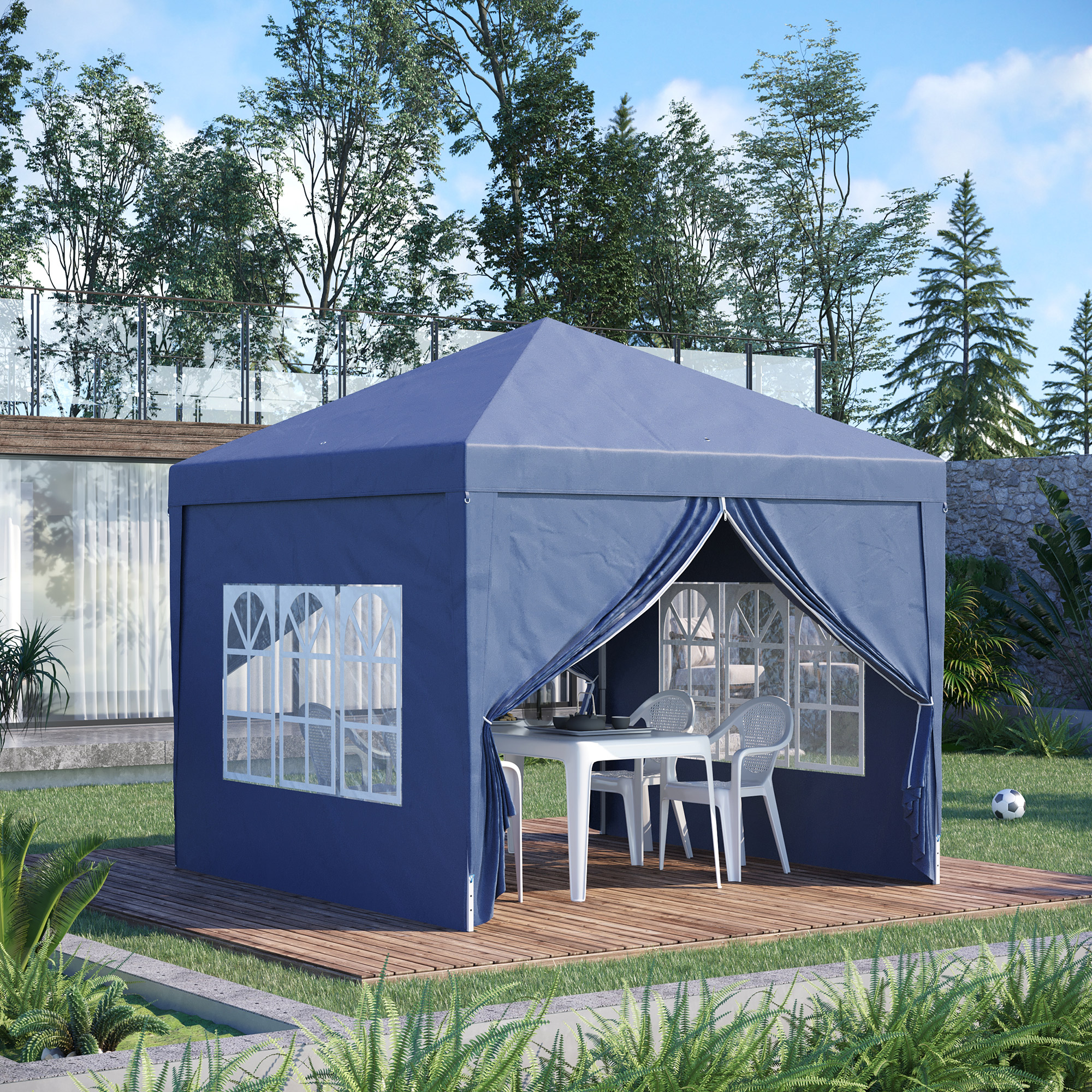 Outsunny Paviljoen, Partytent, 4 afneembare zijwanden, 2 ramen, metalen frame, 2,95 x 2,95 m, Blauw