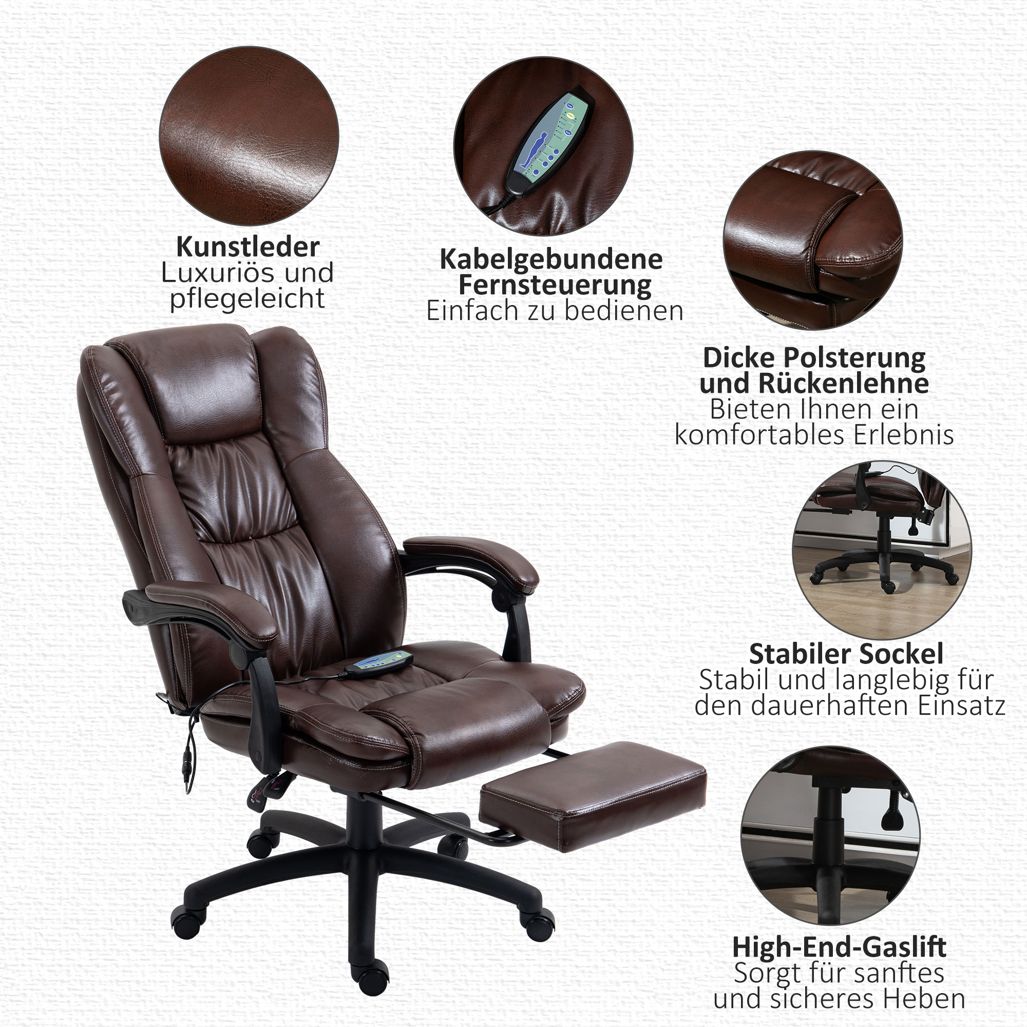 Vinsetto bureaustoel stoel directiestoel draaibare stoel met massagefunctie ligfunctie kunstleer schuimstof PP kunststof nylon bruin 68,5 x 68,5 x 119-127 cm