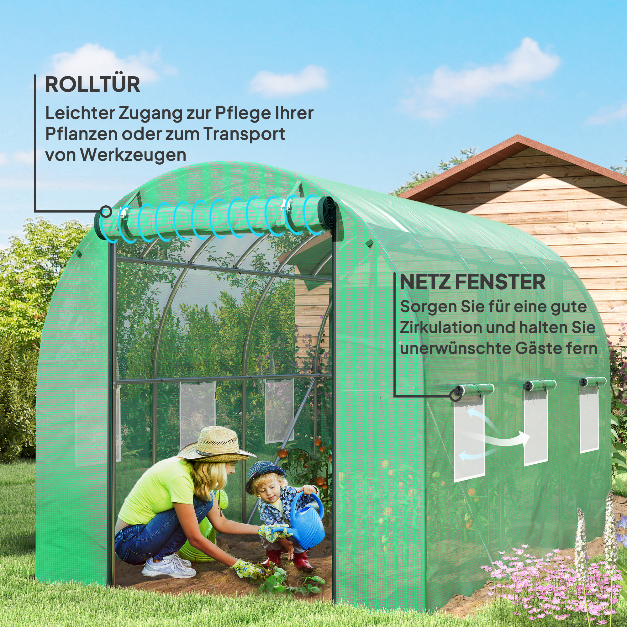 Outsunny Polytunnel Kas met Kunststof Afdekking en Stalen Frame, Beleefbare Kas met Roldeuren, Groen