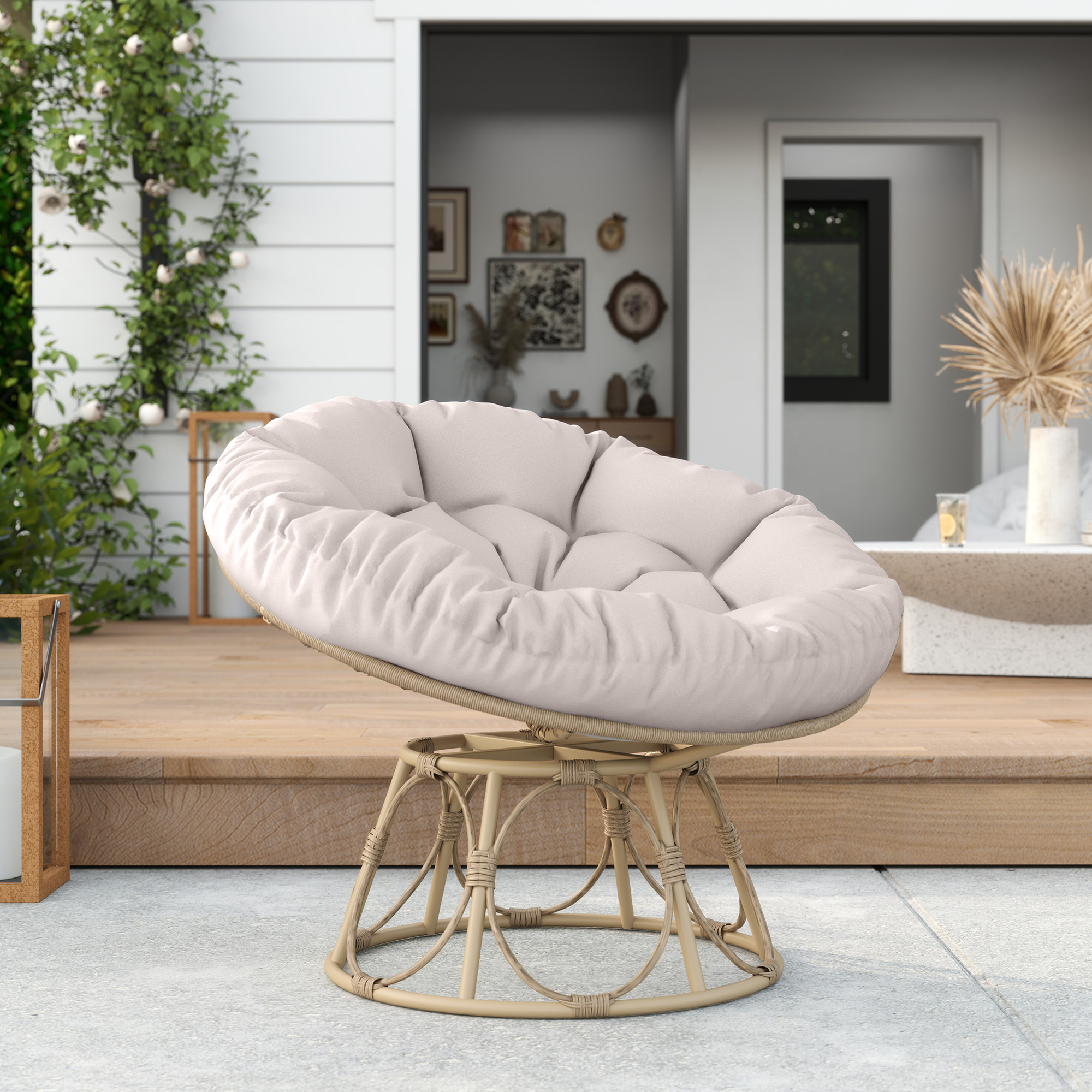 Outsunny Papasan Draaistoel Rotan 360° met Zitkussen, Ronde Buitenstoel