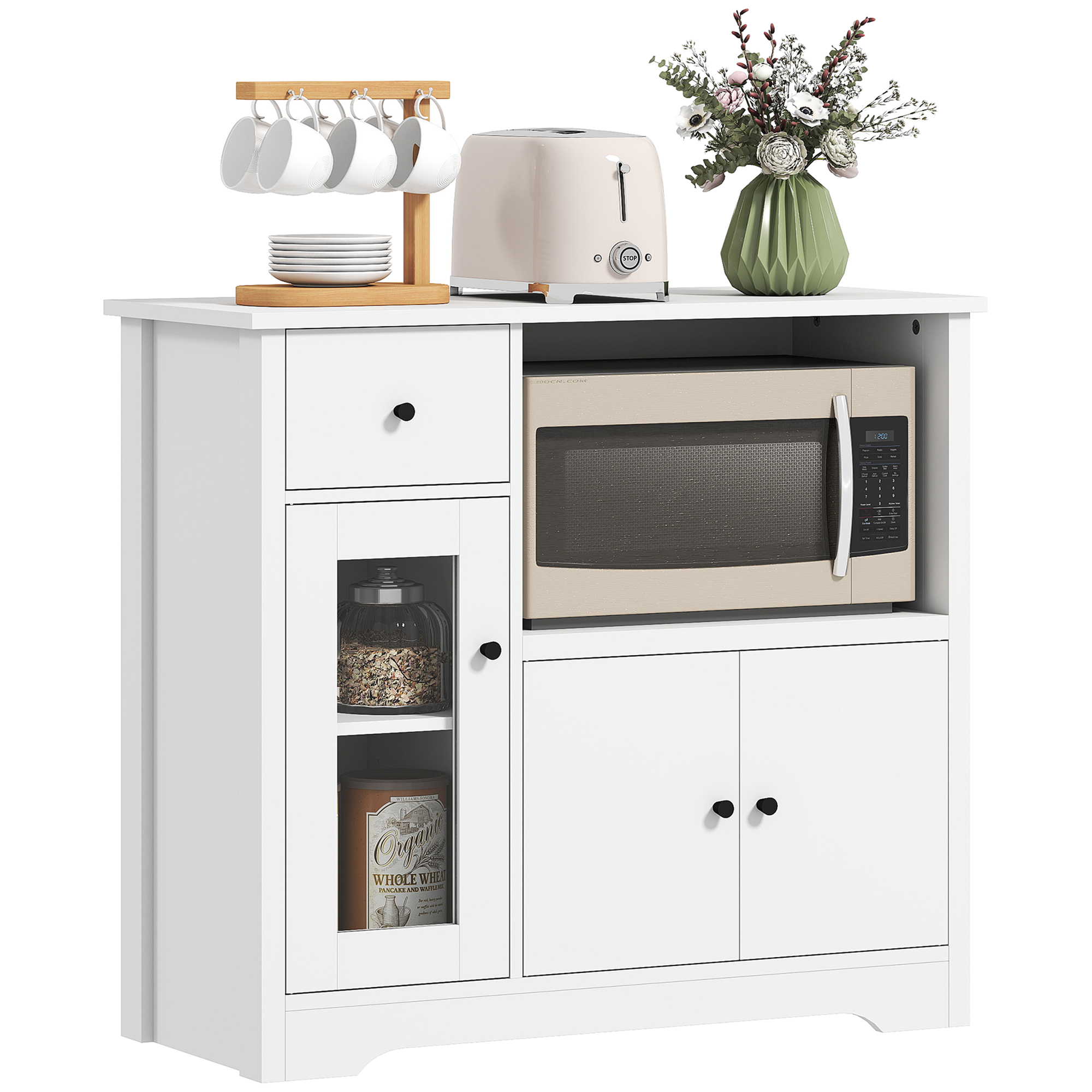 HOMCOM Keukenkast met Kabeldoorvoer, Commode met 2 Kasten, Open Vak, Lade, 80 x 35 x 72,2 cm, Spaanplaat, Wit