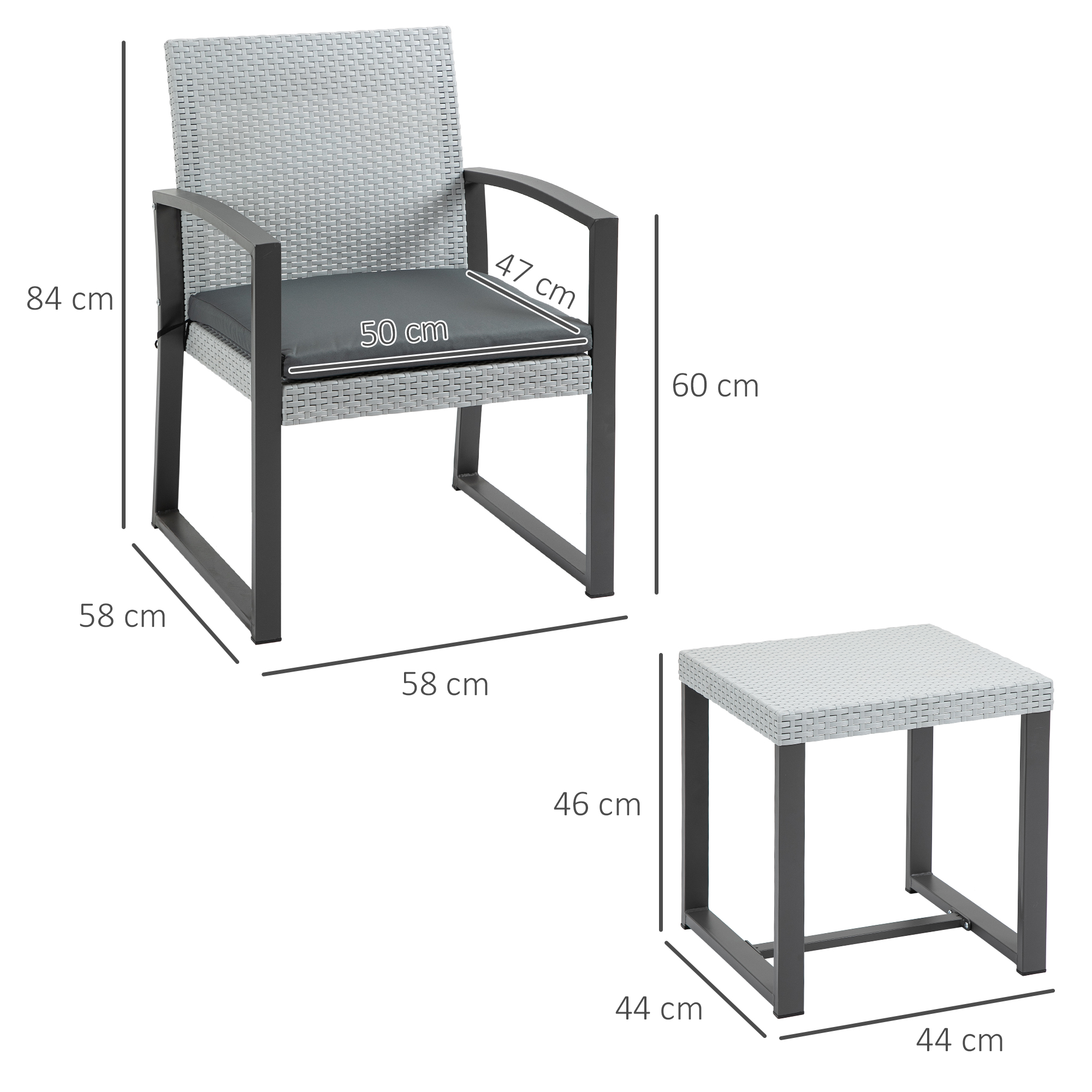 Outsunny poly rotan bistro set 3 st. Balkonmeubelset, tuinmeubelset met bijzettafel, tuinset, zitset met zitkussen, staal, zwart en grijs