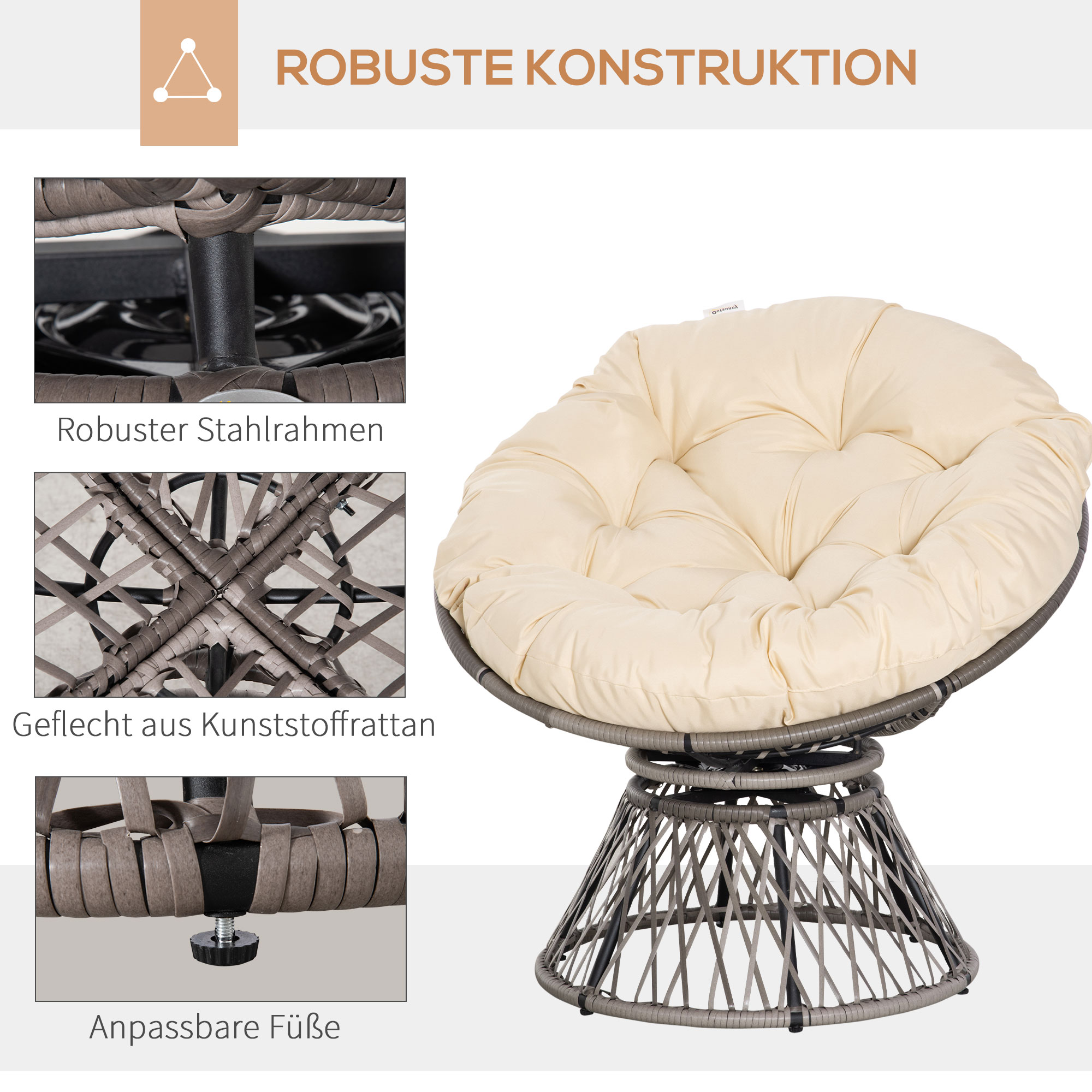 Outsunny Papasan Stoel Rotan Fauteuil met Kussen, Kunstrotan, Draaibaar, 87 x 97 x 86 cm, Beige