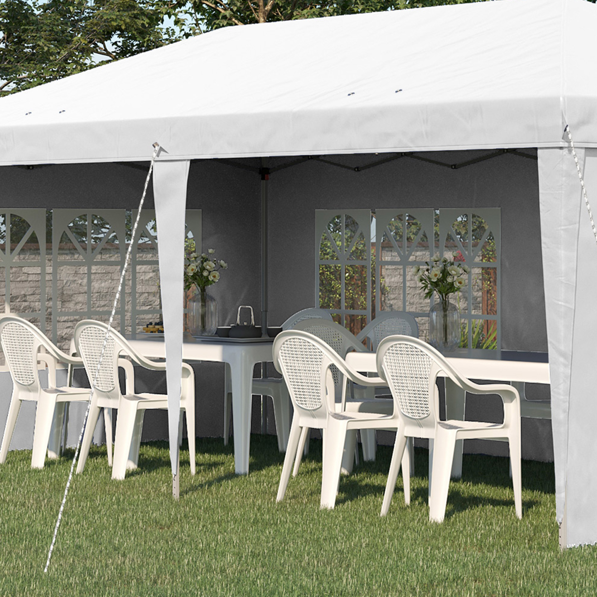 Outsunny Opvouwbare paviljoen, feesttent, 4 grote ramen, afneembare zijwanden, metalen frame, 5,85 x 2,95 x 2,7 m, wit