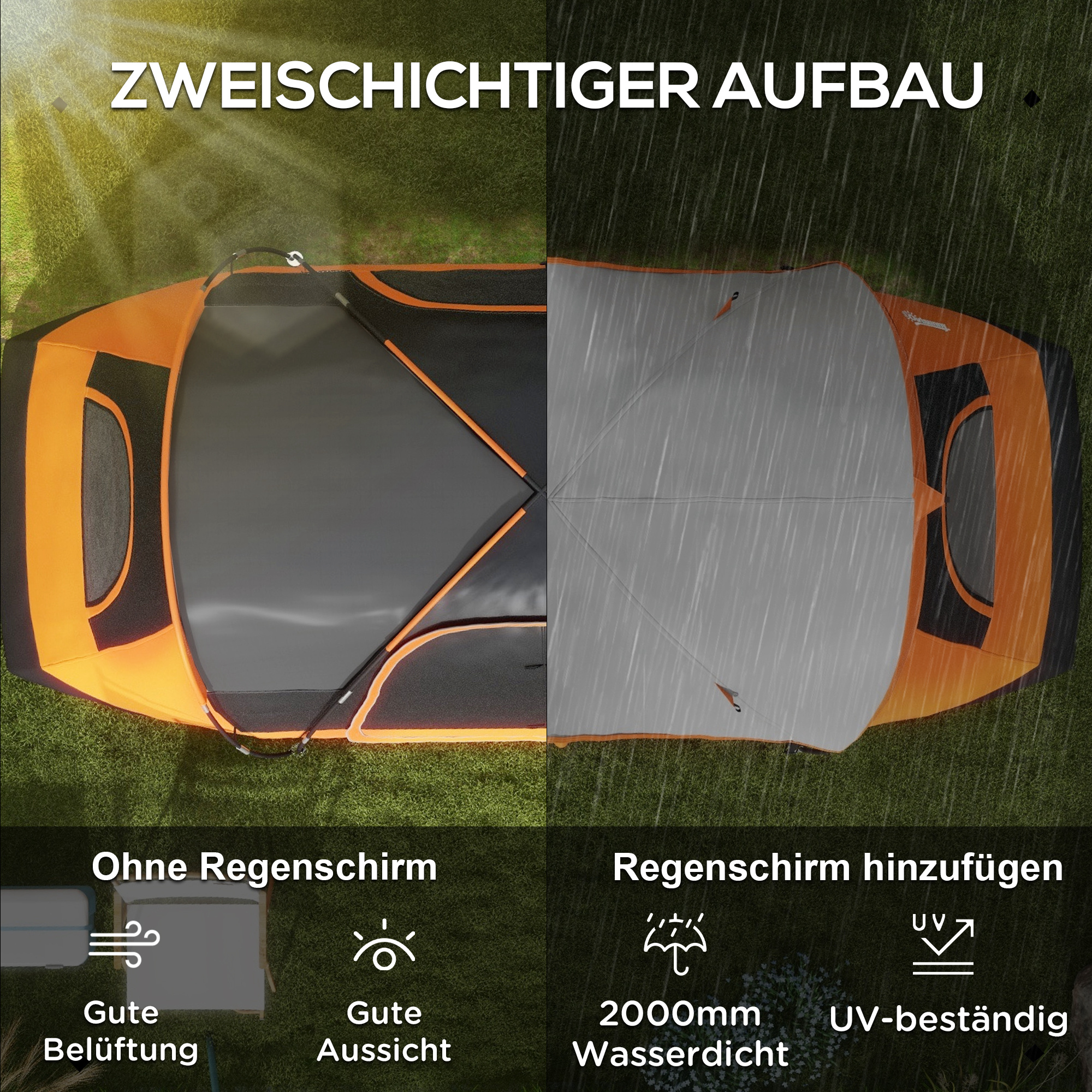 Outsunny Campingtent, Dubbele Kamer, Scheidingswand, Geschikt voor 8 Personen, Met Regenbescherming, Oranje
