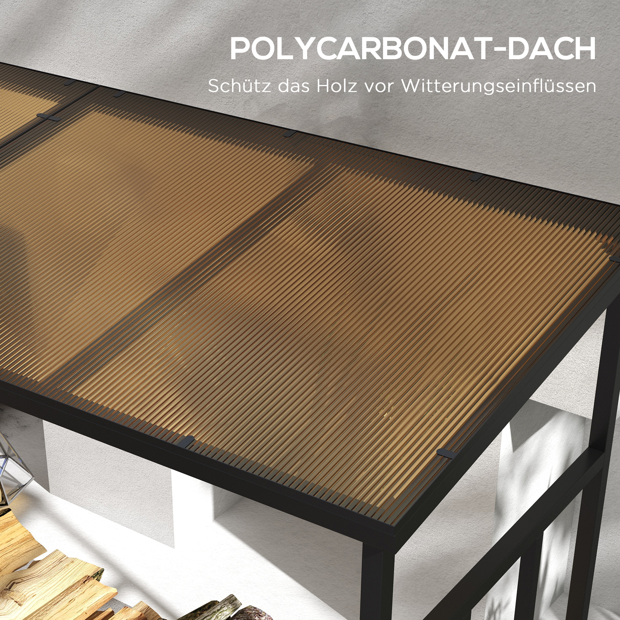 Outsunny Houtopslag voor buiten, tot 2100 kg, polycarbonaat dak, metalen frame, 185 x 67 x 185 cm
