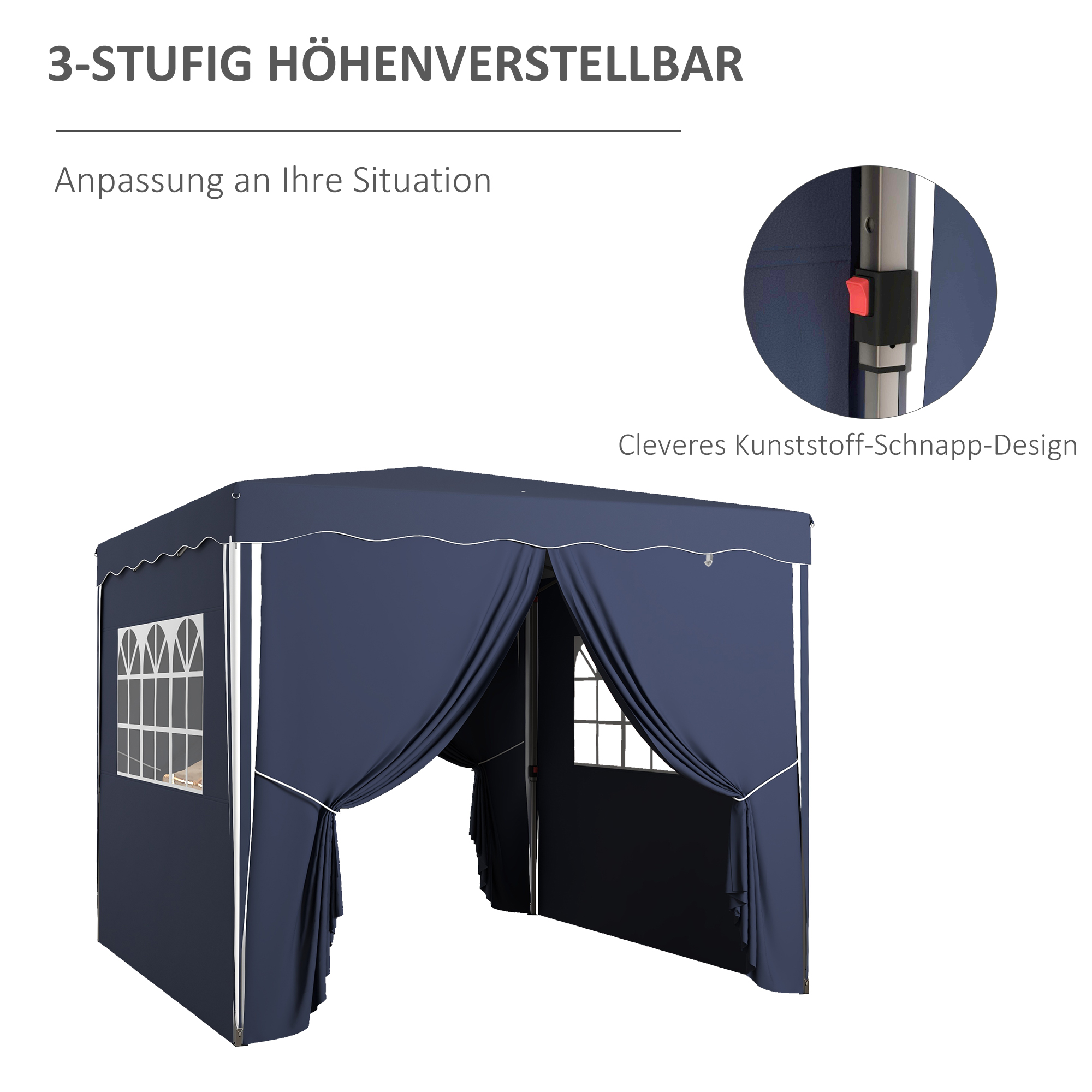 Outsunny Opvouwbare tuinpaviljoen, verstelbaar in hoogte, 2 grote ramen, draagtas, metalen frame, 3x3m, Blauw