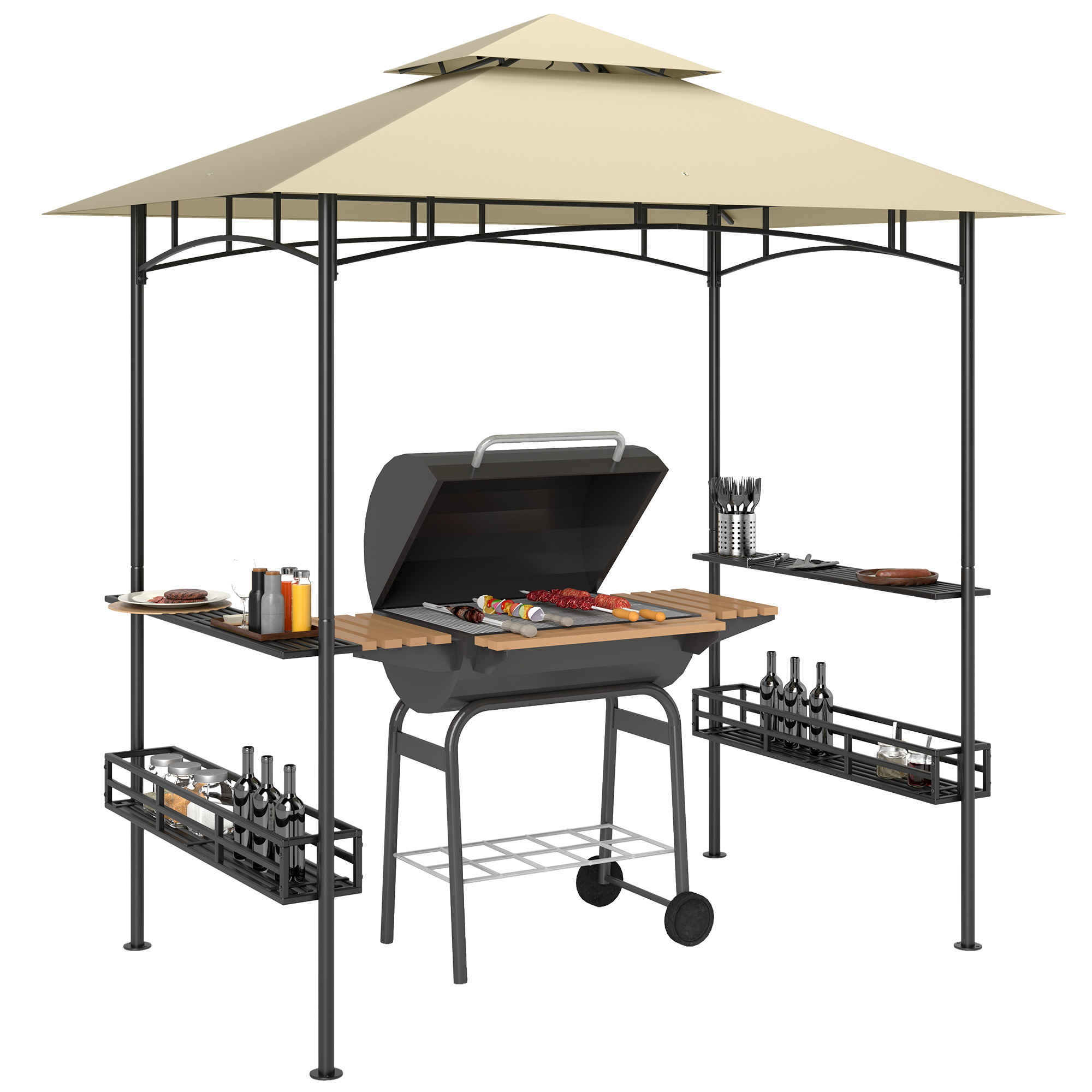 Outsunny BBQ-Tent, Grill-Tent, Tuinpaviljoen met 2 Planken, Opbergmanden, Haken, voor Terras, Beige
