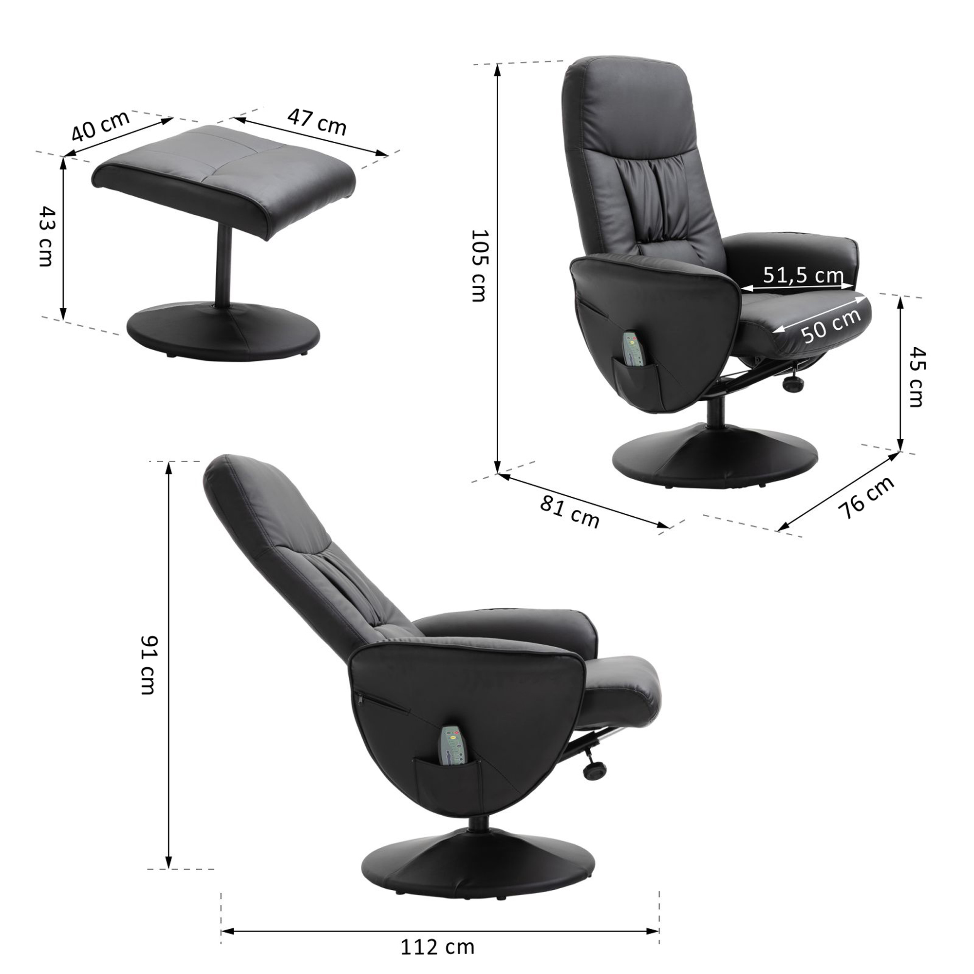 HOMCOM massagestoel met voetenbank relaxstoel massagestoel tv-stoel 145° hellingshoek kunstleer zwart 76 x 81 x 105 cm