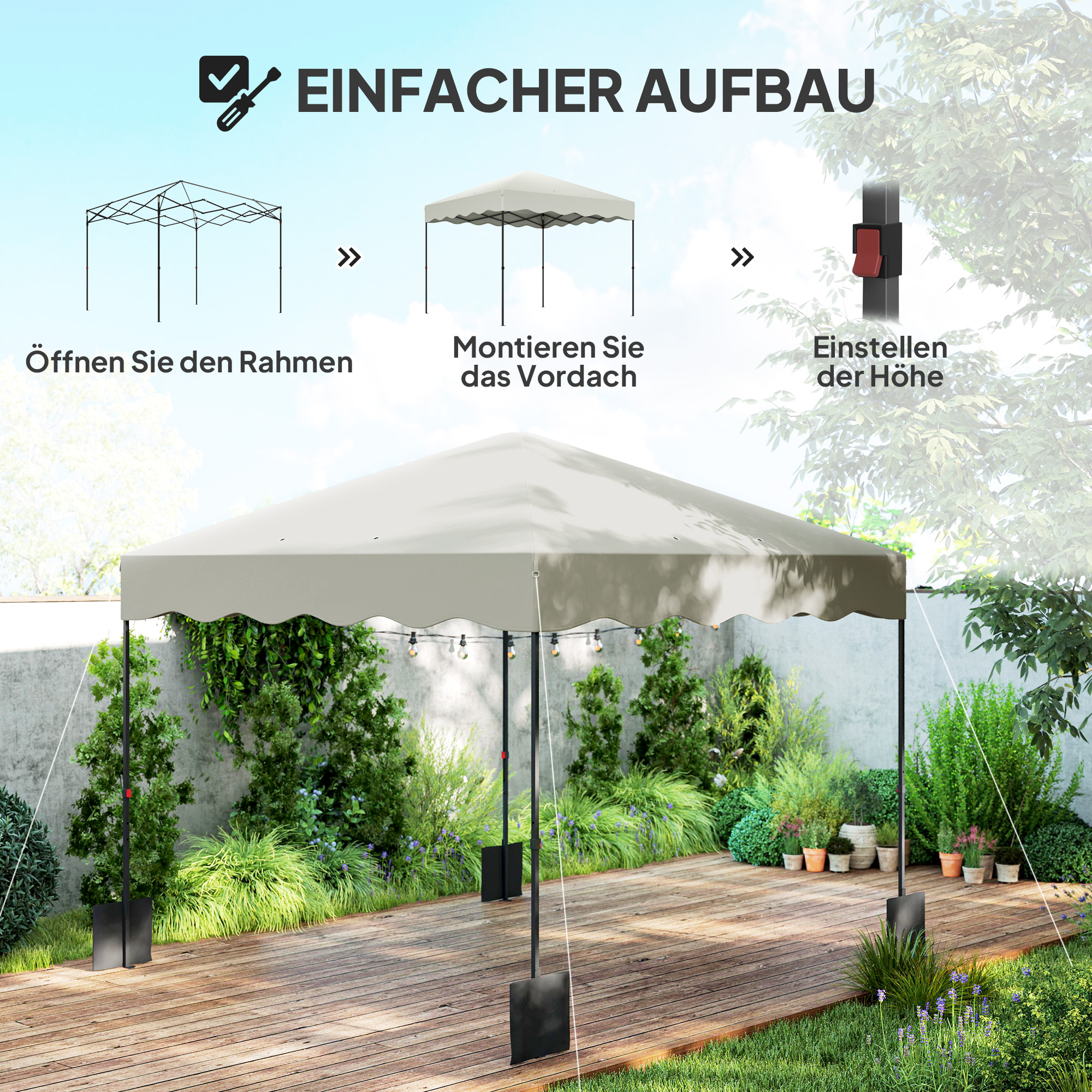 Outsunny 3 x 3 m Pop-up Paviljoen, Hoogteverstelbare Tuintent, met Roltas, voor Tuin, Terras, Metaal, Stof, Crèmewit