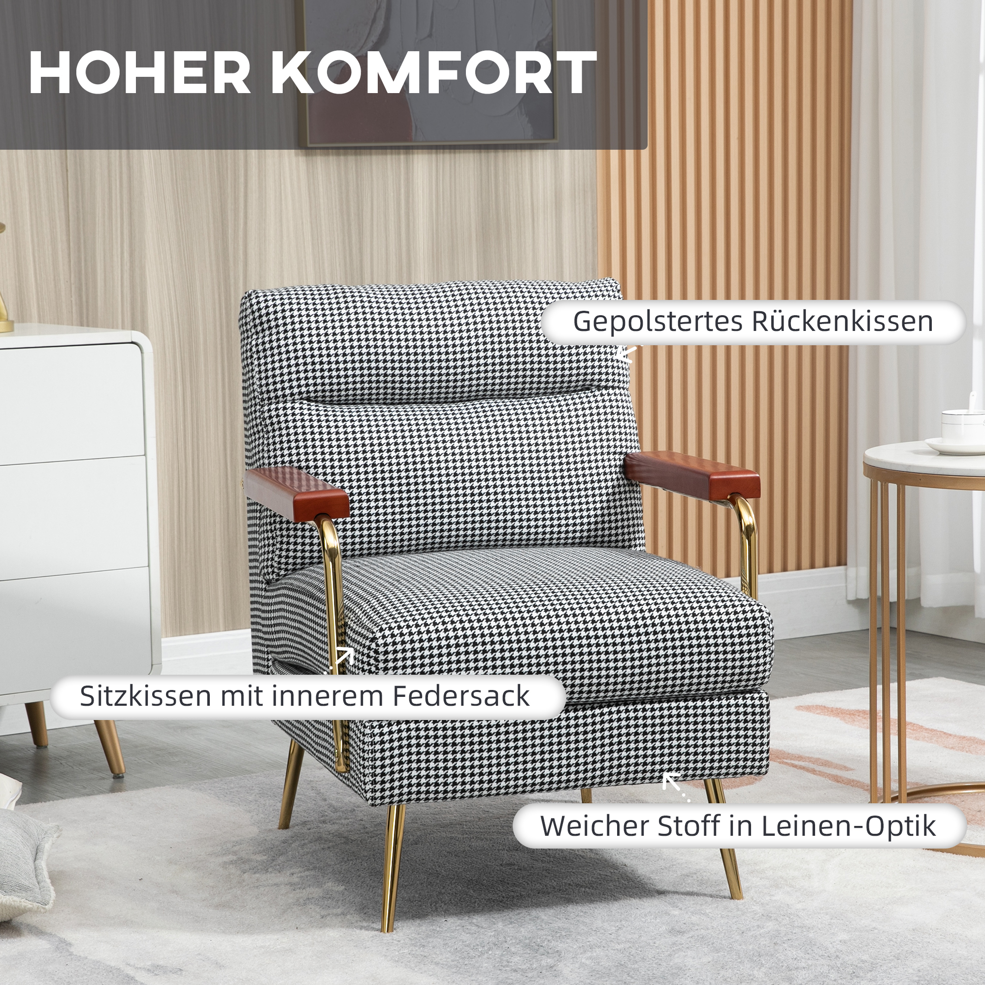 HOMCOM Fauteuil in retrodesign, accentstoel, pied-de-poulepatroon, houten elementen, binnenvering, zwart+wit