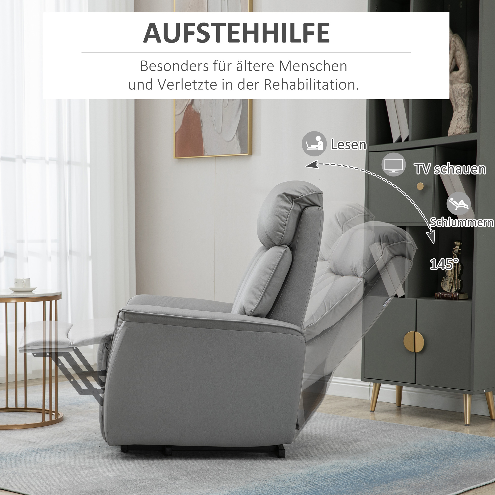 HOMCOM Opstaande stoel Relaxstoel TV-stoel, inclusief kabelafstandsbediening, 1 zijvak, 80 x 94 x 104 cm, Grijs