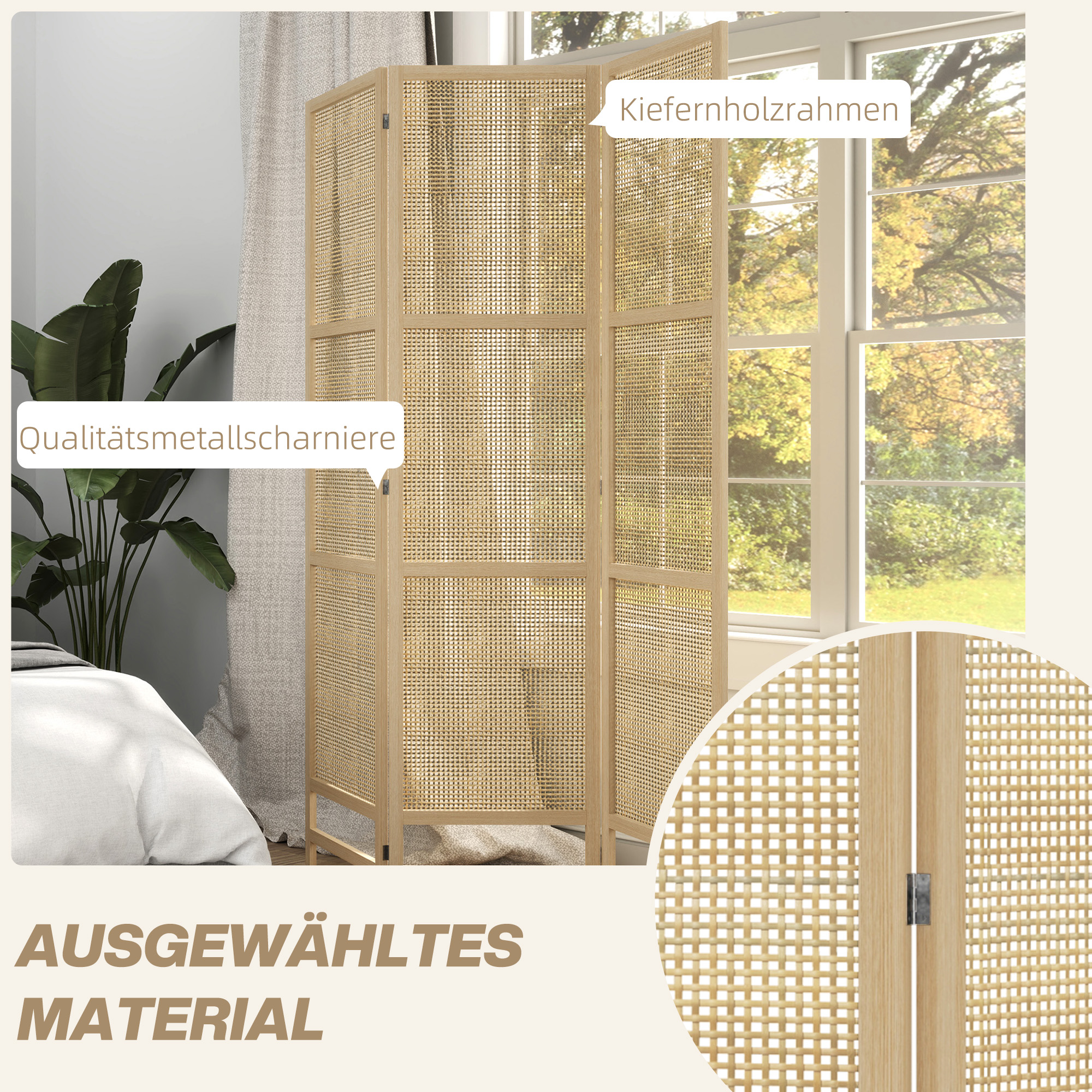 HOMCOM Driedelige, Opvouwbare Kamerscherm, 180 cm Vrijstaande Scheidingswand met Handgeweven Design voor Thuis, Natuur