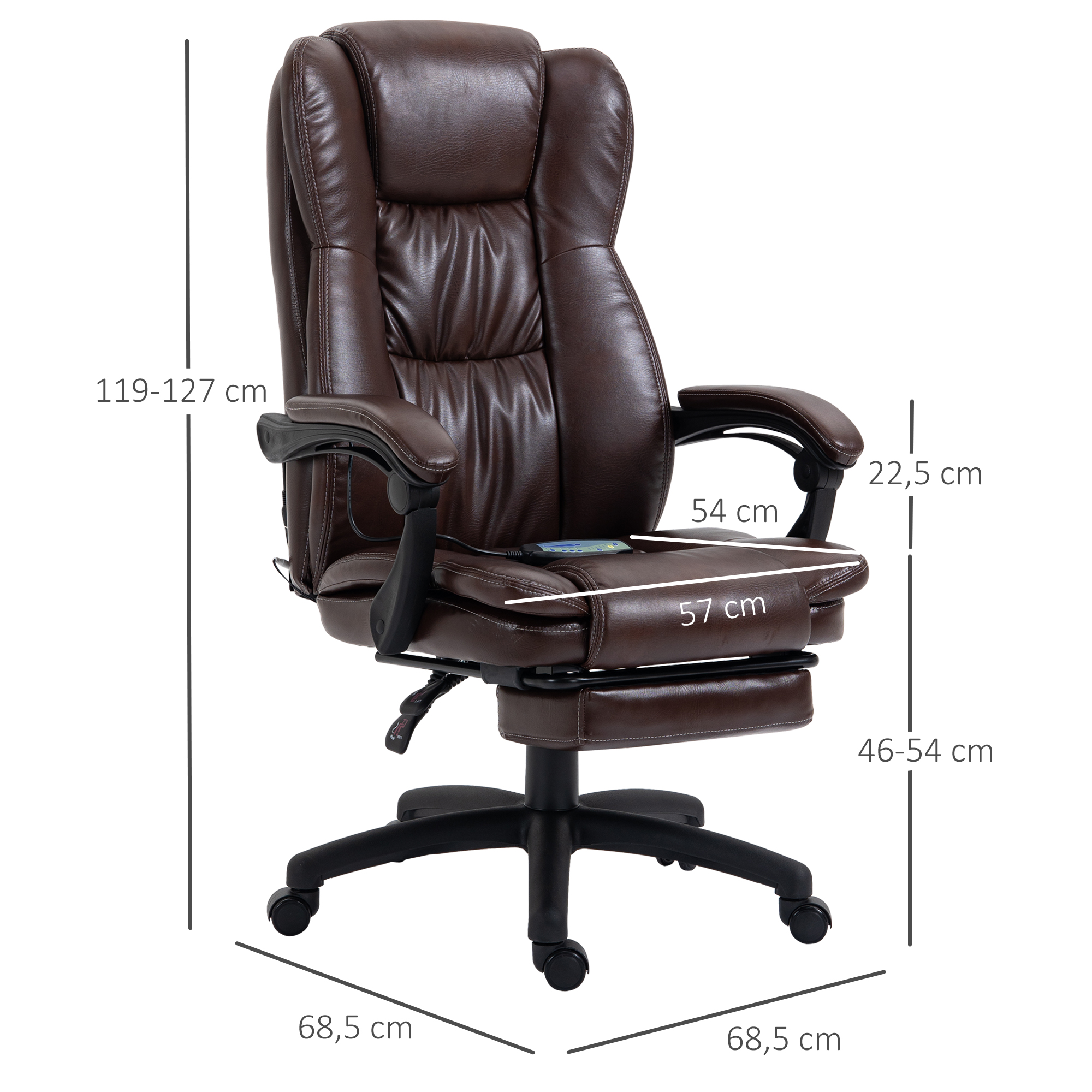 Vinsetto bureaustoel stoel directiestoel draaibare stoel met massagefunctie ligfunctie kunstleer schuimstof PP kunststof nylon bruin 68,5 x 68,5 x 119-127 cm
