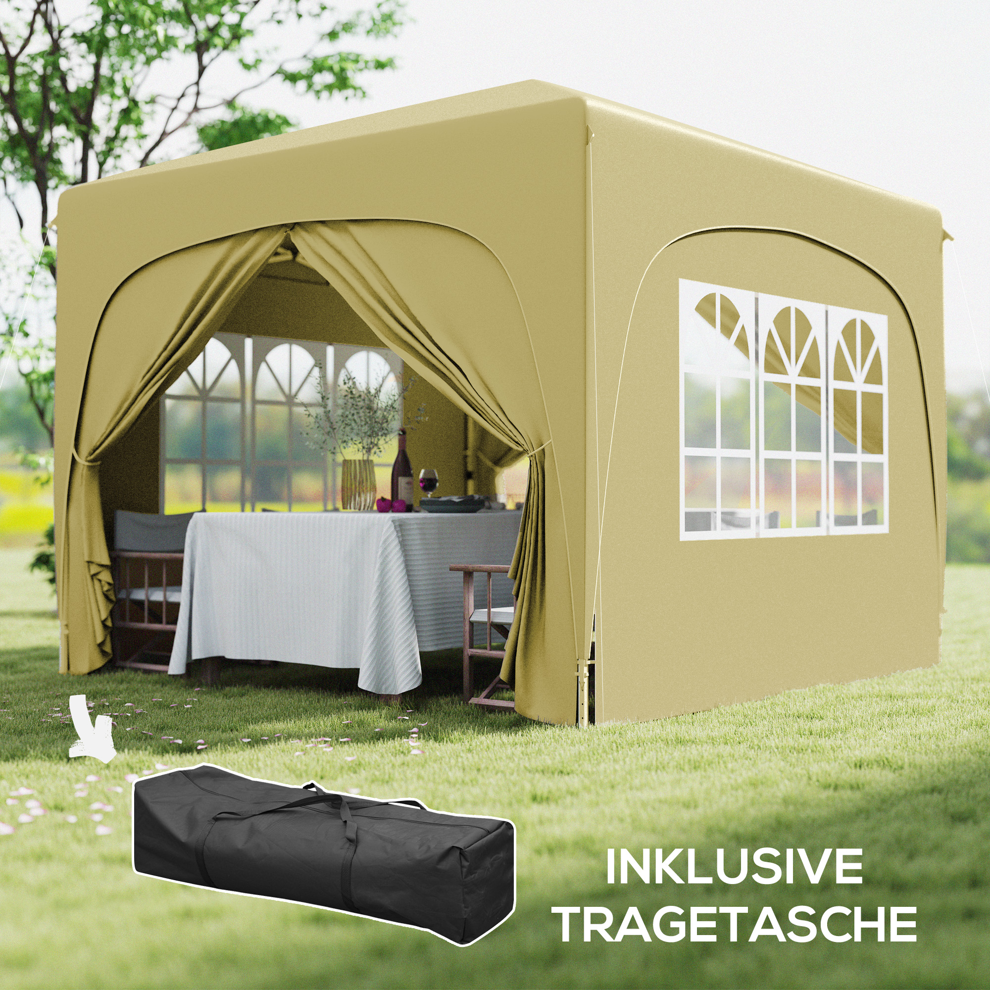 Outsunny 3 x 3 m Paviljoen, Pop-up Tuintent met Zijwanden en Draagtas, UPF50+, Hoogte Verstelbaar, Zand