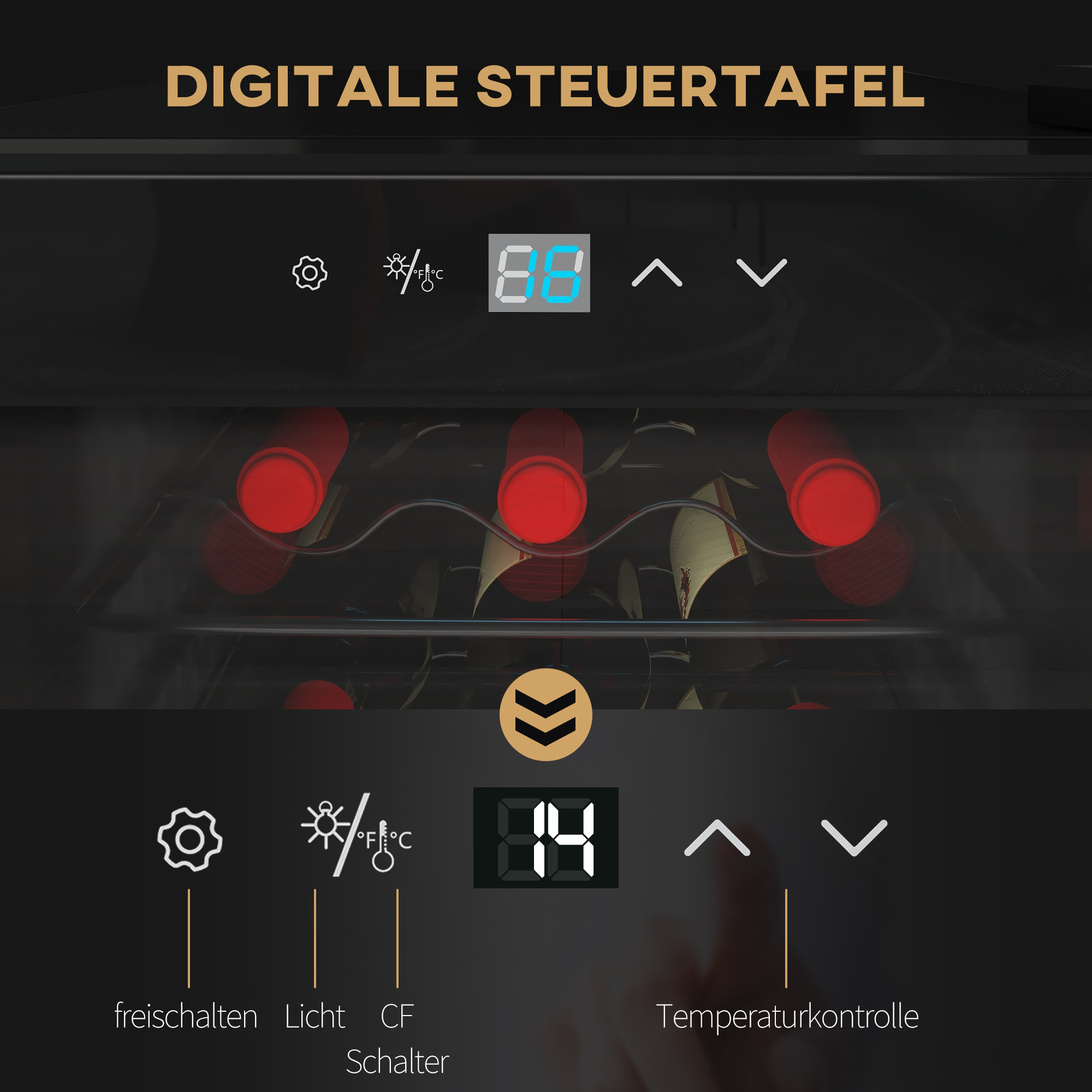 HOMCOM Wijnkoelkast, Stil, 5-18°C, Touchscreen, Verlichting, 34,5x45x78cm, Zwart