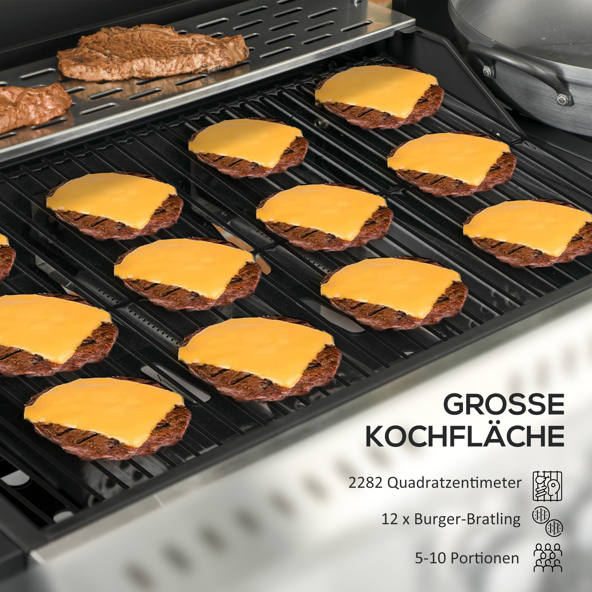 Outsunny Gasgrill, BBQ-Grill, 4 Hoofdbranders, 1 Zijbrander, 1 Warmhoudplaat; 123 x 52 x 101cm, Zwart