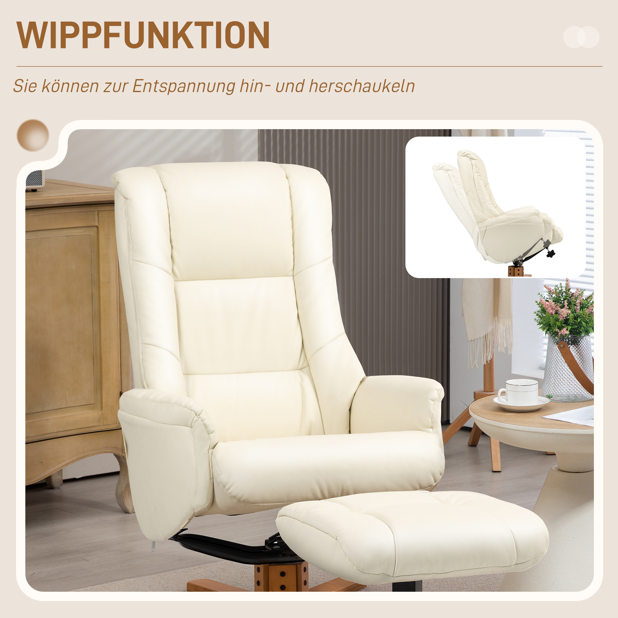 HOMCOM Relaxfauteuil met Voetenbankje, Ligfunctie, Kunstleder Bekleding, tot 150 kg, 71 x 84 x 102 cm, Crèmewit