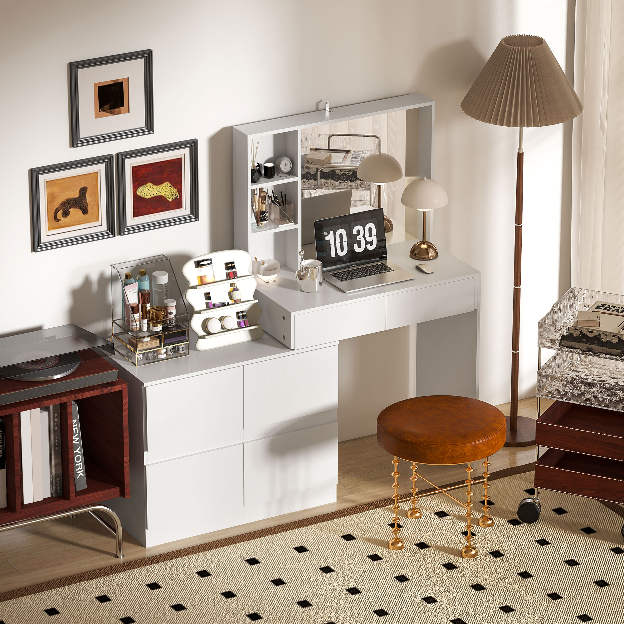 HOMCOM Kaptafel, Makeup-Tafel met Grote Spiegel, 4 Laden, 3 Open Vakken, 2 Kasten, MDF, Wit