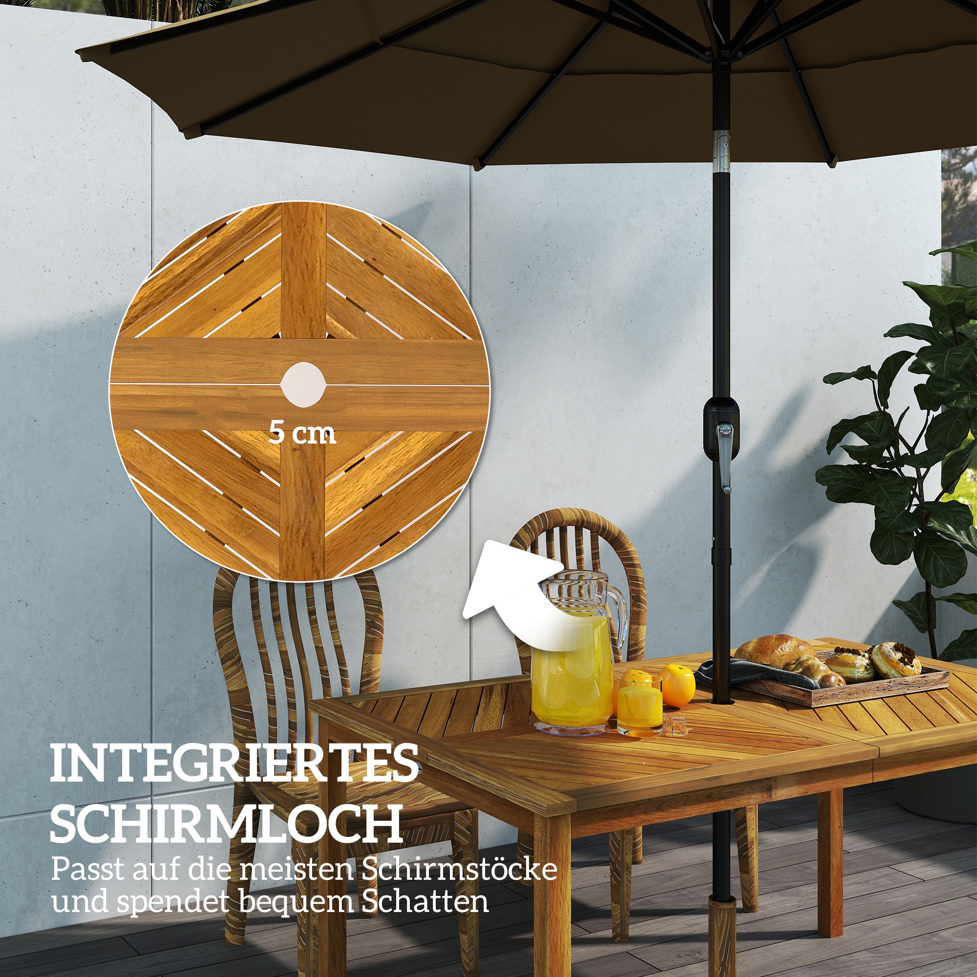 Outsunny Tuintafel inklapbaar 150x85cm, Weerbestendige Balkontafel van Hout, 6-Persoons met Parasolgat, Lamellenontwerp Teak