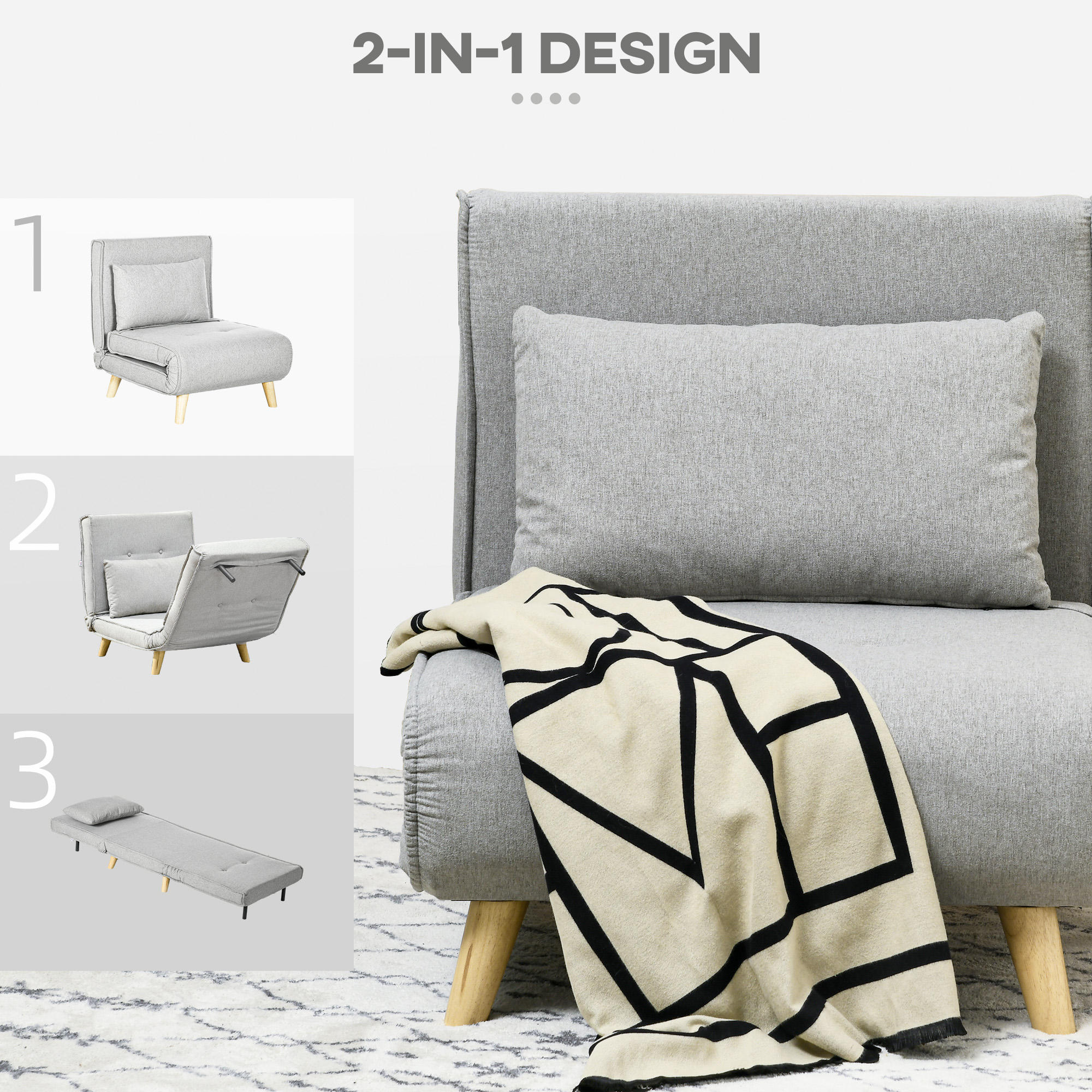 HOMCOM Slaapfauteuil, 6-traps verstelbare leuning, Linnenlook, tot 150 kg, Lichtgrijs