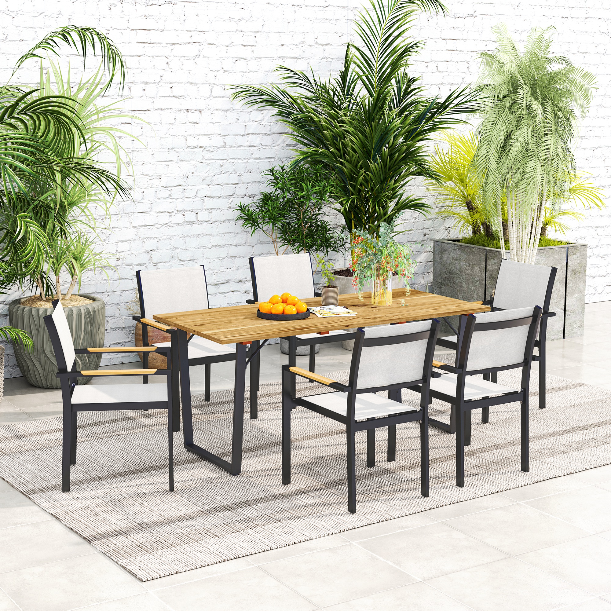 Outsunny Weerbestendige Houten Tuintafel 175x80 cm met Parasolgat voor 6 Personen - Bruin
