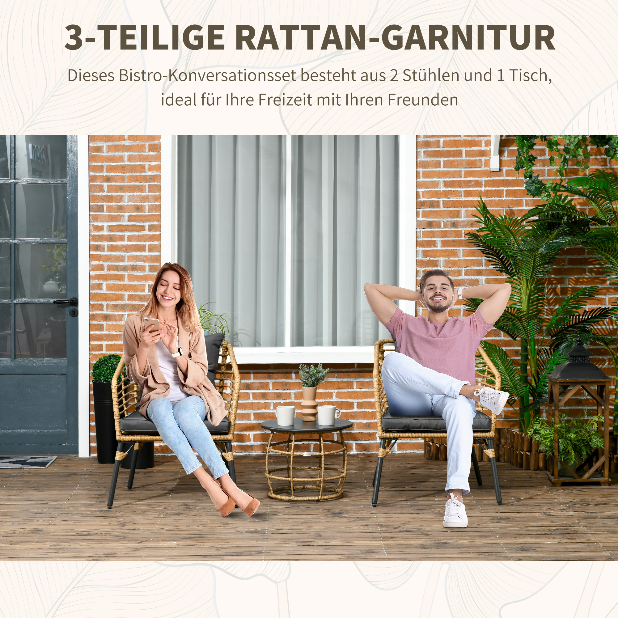 Outsunny rotan tuinmeubelset 3-delig. Zitgroep met kussens voor terras balkon
