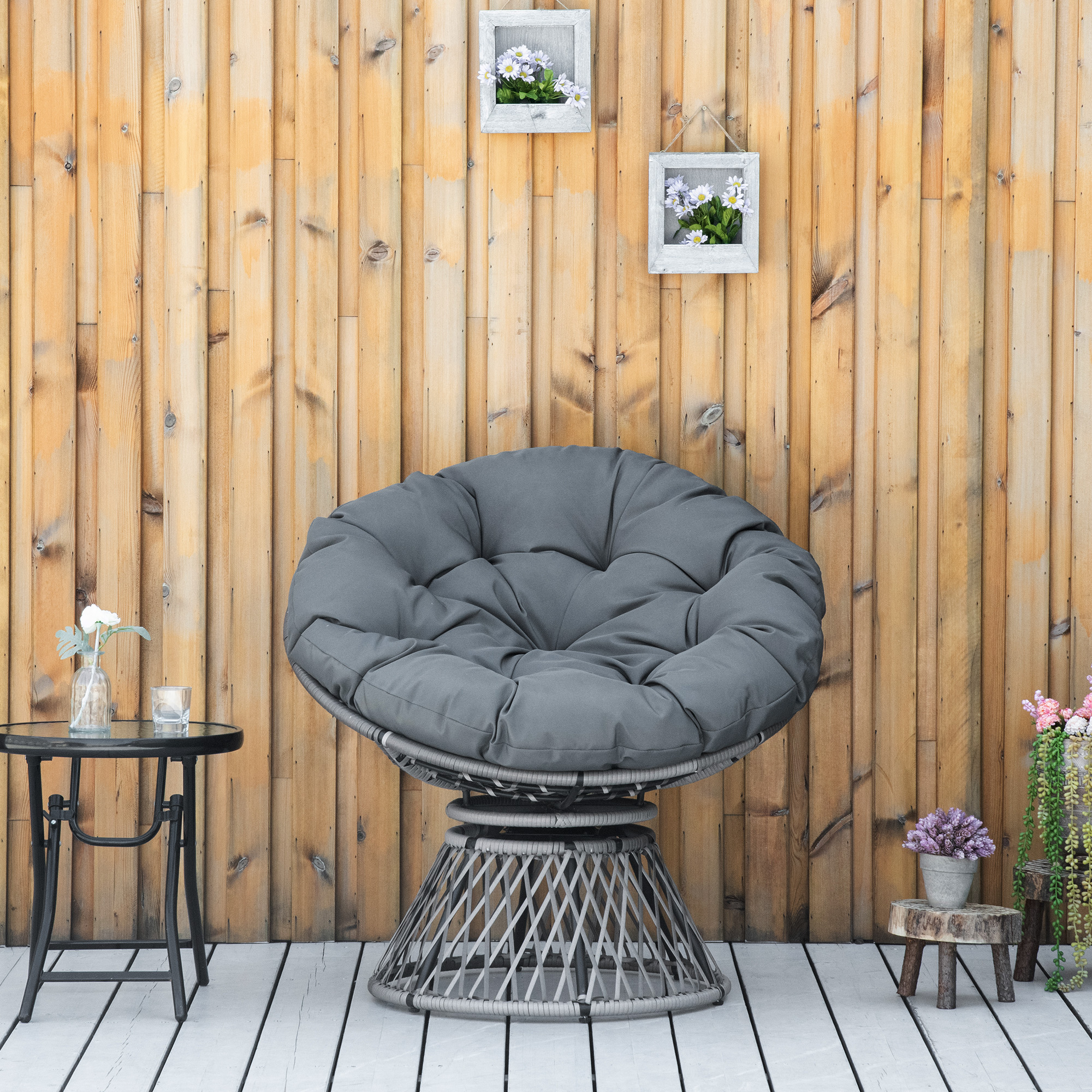Outsunny Papasan fauteuil met bekleding rieten fauteuil 360 graden rotan grijs
