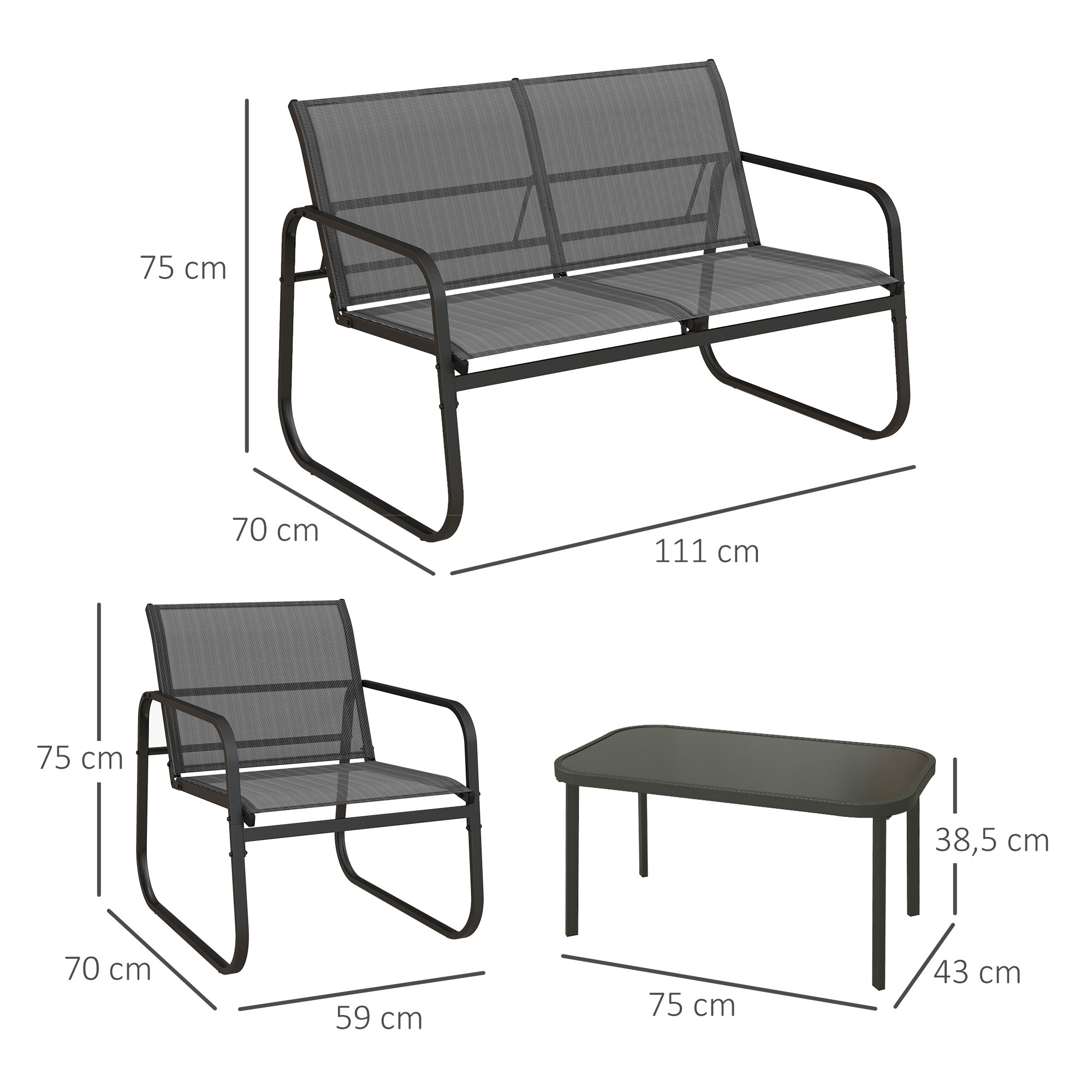 Outsunny 4-delige tuinset, 2 stoelen, 2-zitsbank, tafel met glazen blad, ademende stof, metalen frame, zwart