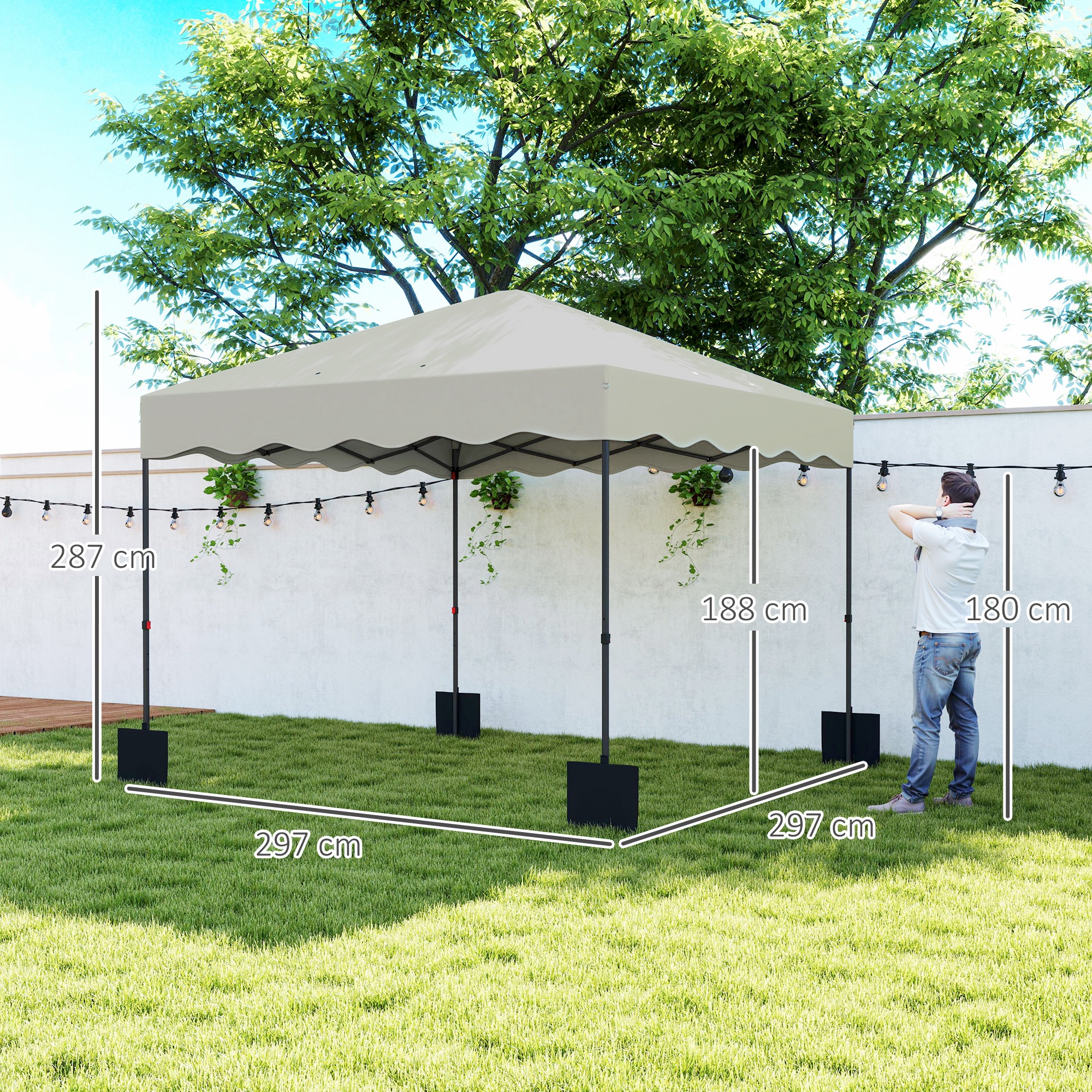 Outsunny 3 x 3 m Pop-up Paviljoen, Hoogteverstelbare Tuintent, met Roltas, voor Tuin, Terras, Metaal, Stof, Crèmewit