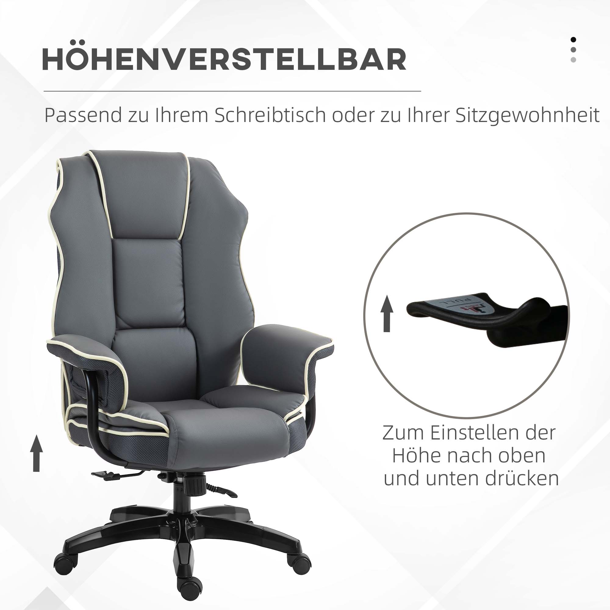 Vinsetto Ergonomische Bureaustoel, Extra Gevoerd, met Leunfunctie, Kunstleer, 76x80x118-124 cm, Donkergrijs