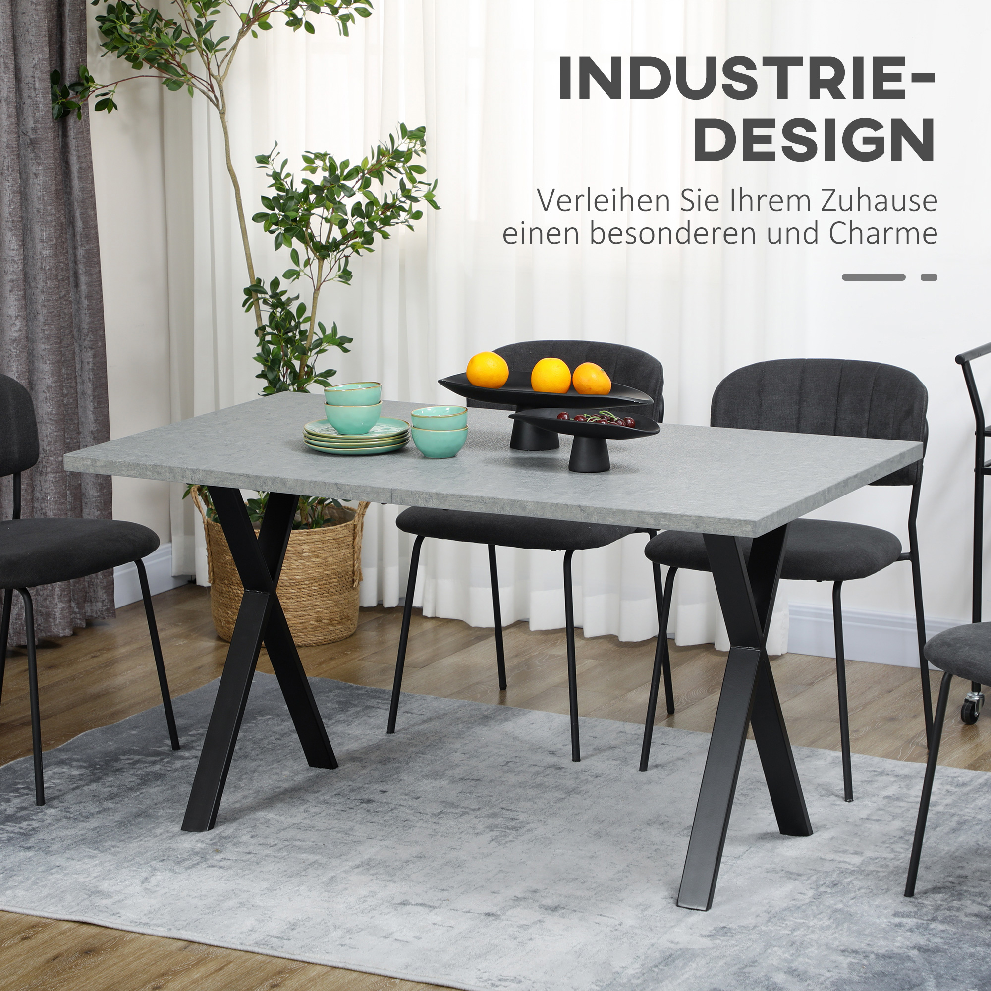 HOMCOM Eettafel, keukentafel, tafelblad met steeneffect, stalen poten, 140 x 80 x 76 cm