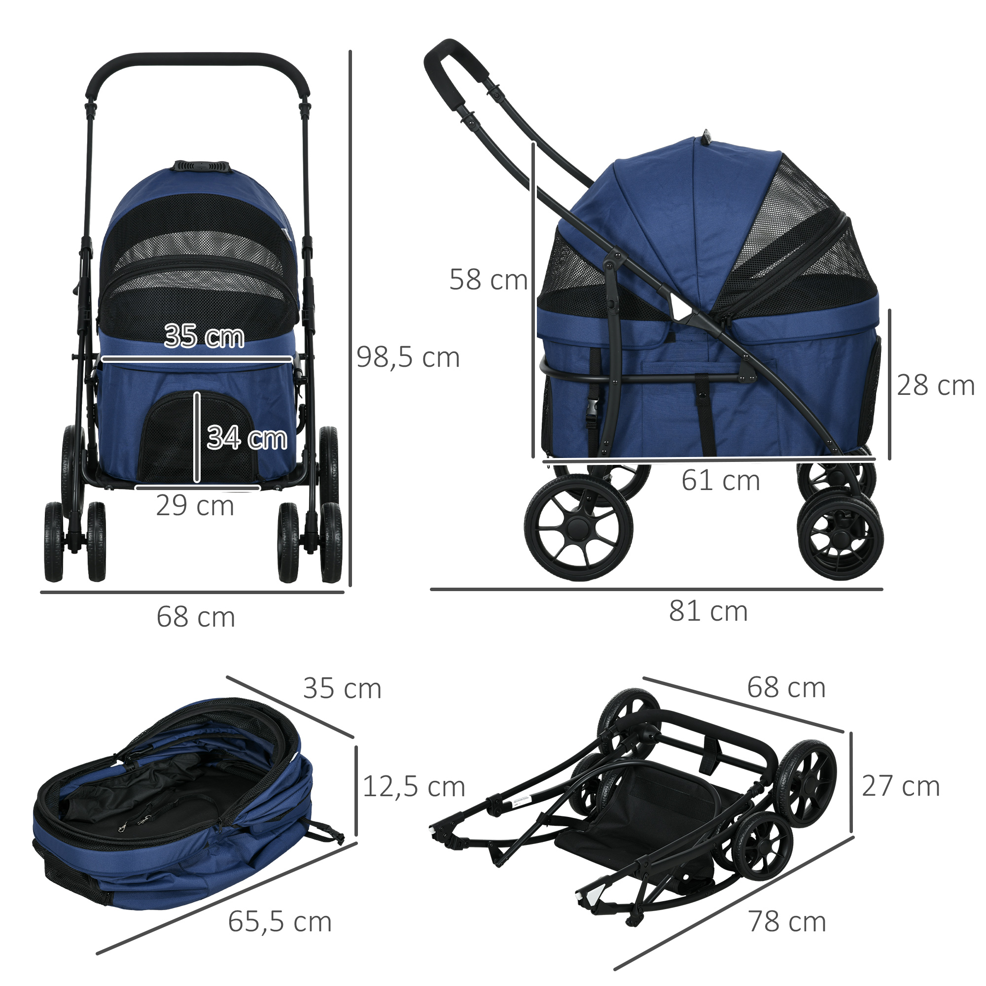PawHut Hondenbuggy Huisdierkar, inklapbaar, regenbescherming, 2 veiligheidslijnen, 81x 68 x 98,5 cm, Donkerblauw