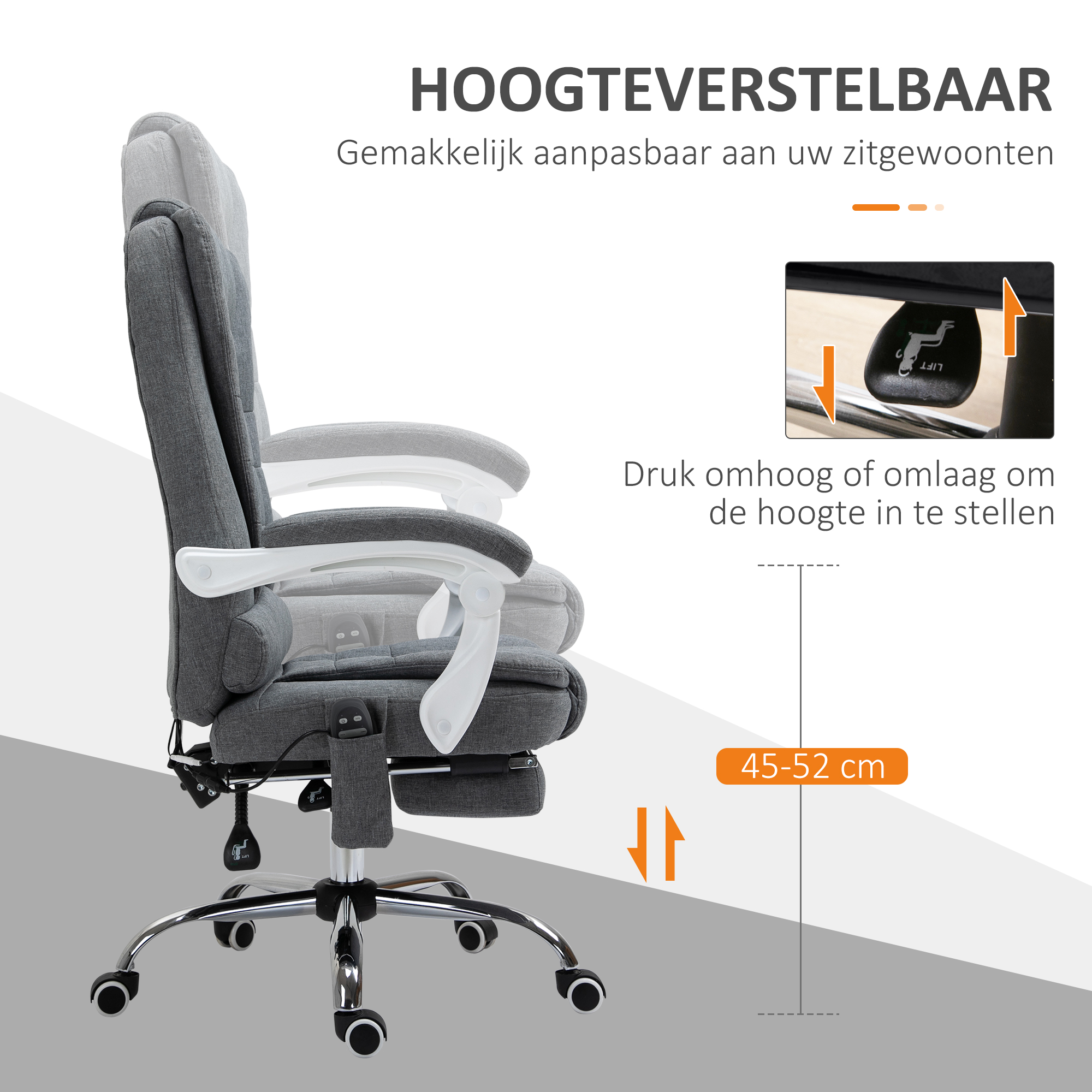 Vinsetto Ergonomische Massagestoel, 6 Vibratiepunten, Verstelbare Rugleuning, 360° Draaistoel, Grijs