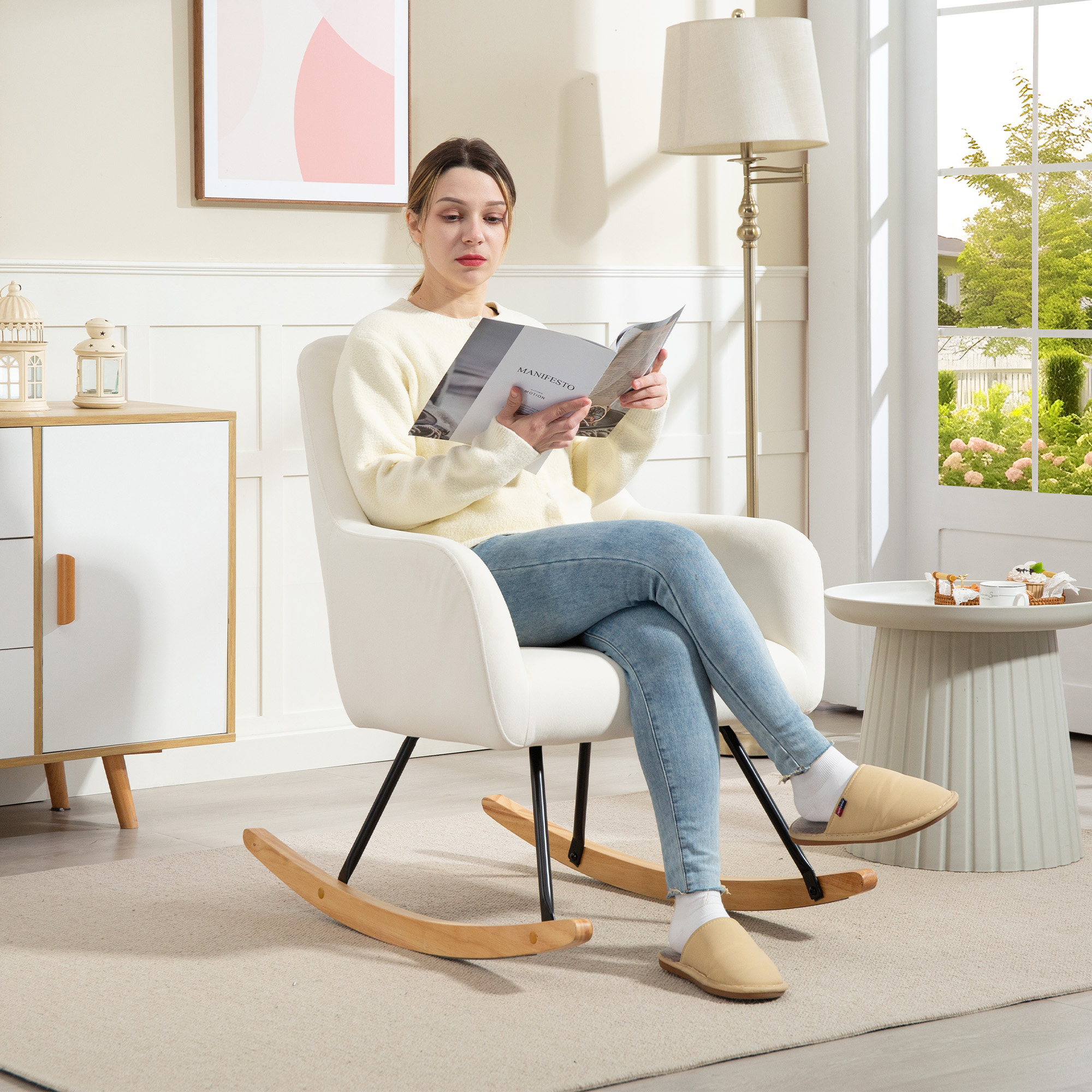 HOMCOM Schommelstoel, Zacht Fluweel Look Bekleding, Dikke Kussenvulling, Brede Rugleuning, Crèmewit