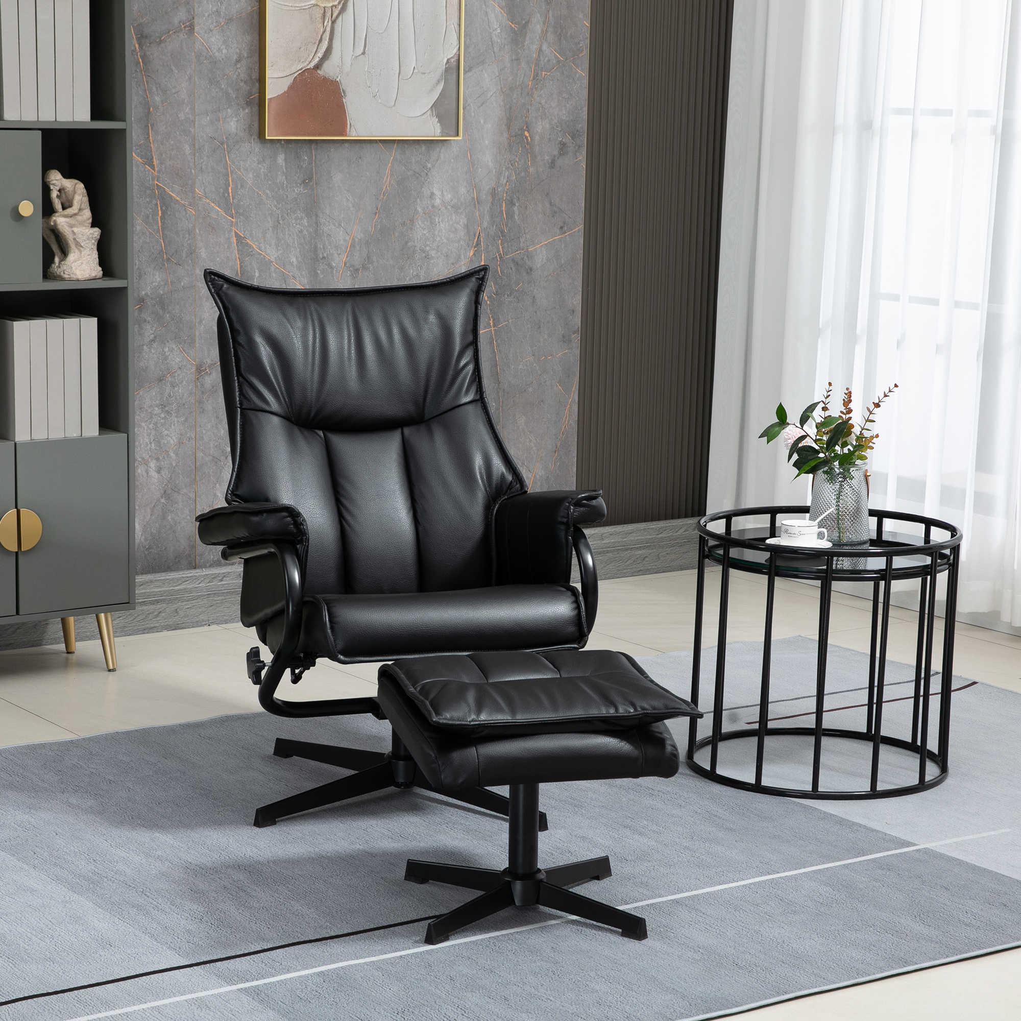 Homcom relaxfauteuil met kruk, draaibaar, verstelbare rugleuning, stalen frame, zwart
