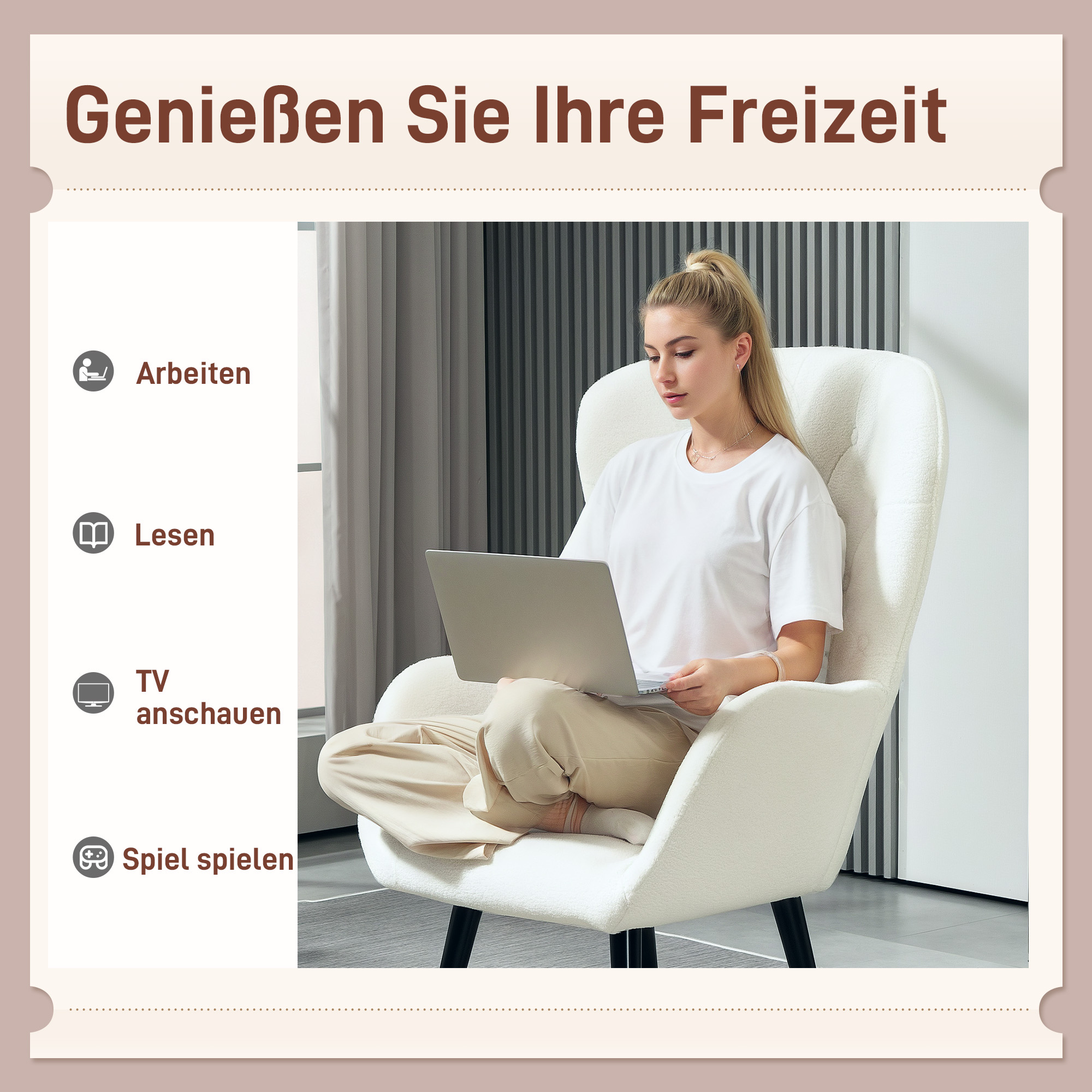 HOMCOM Gestoffeerde Stoel met Ruitstiksel, Bekleding van Teddystof, met Decoratief Kussen, 88 x 75 x 106 cm, Wit