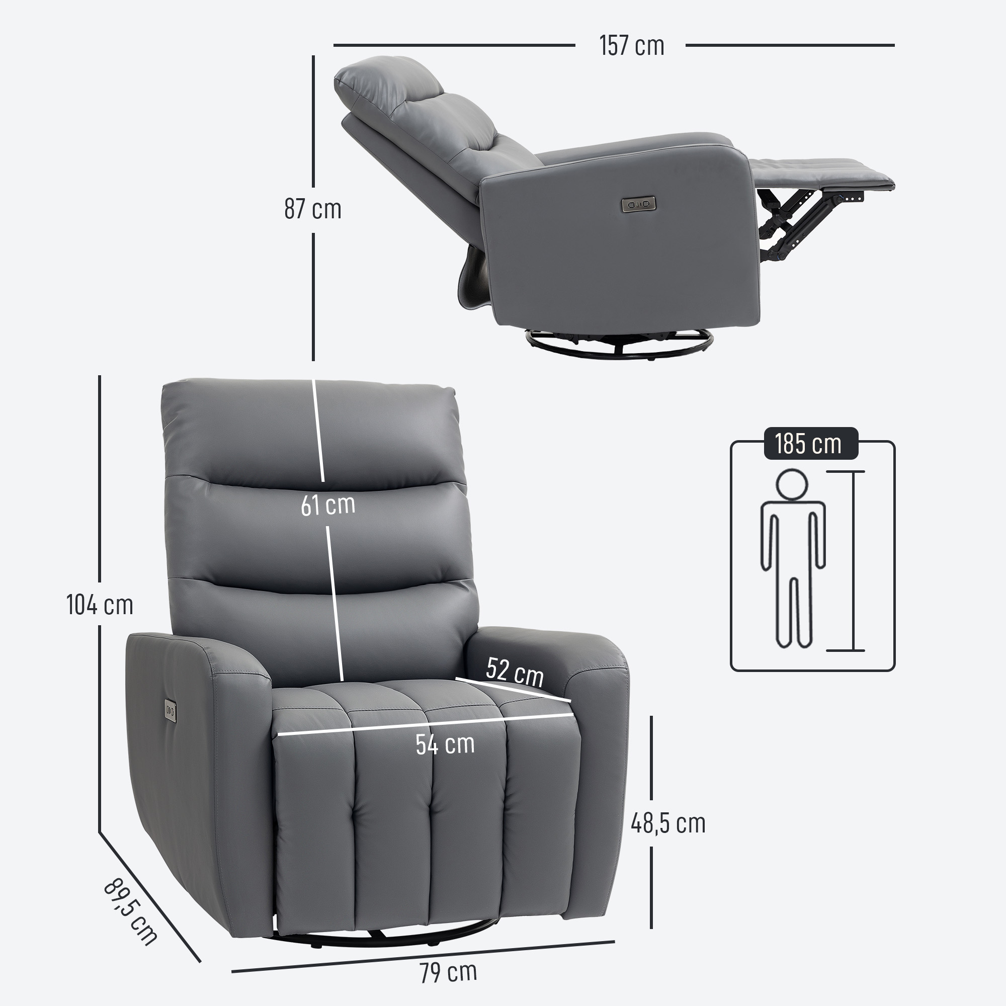HOMCOM Relaxfauteuil, Gestoffeerde Stoel met Ligfunctie, Afstandsbediening, USB-aansluiting, Grijs