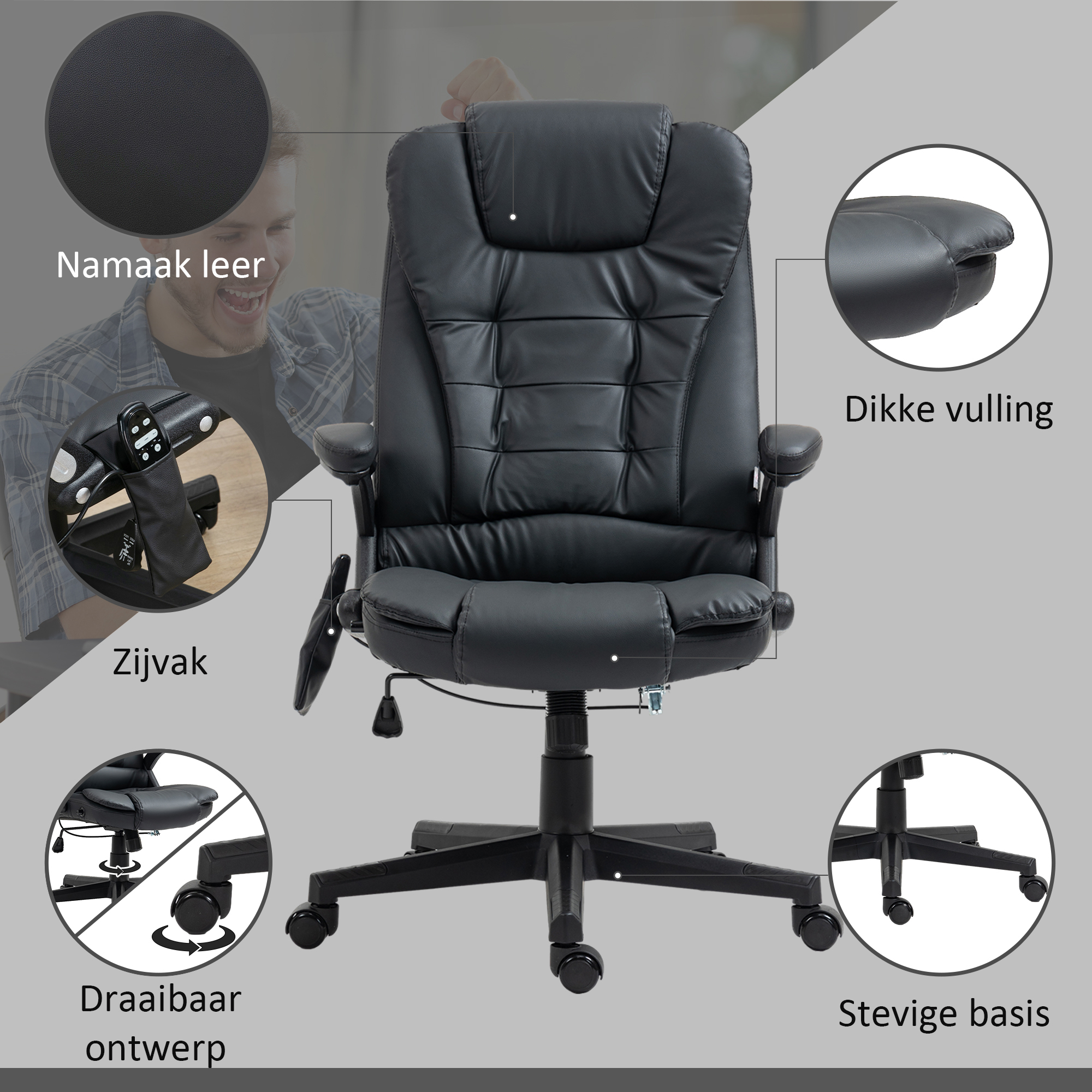 HOMCOM® directiestoel met massagefunctie bureaustoel kantoorstoel gaming stoel massagestoel met warmtefunctie vibratie op 6 punten draaibaar zwart