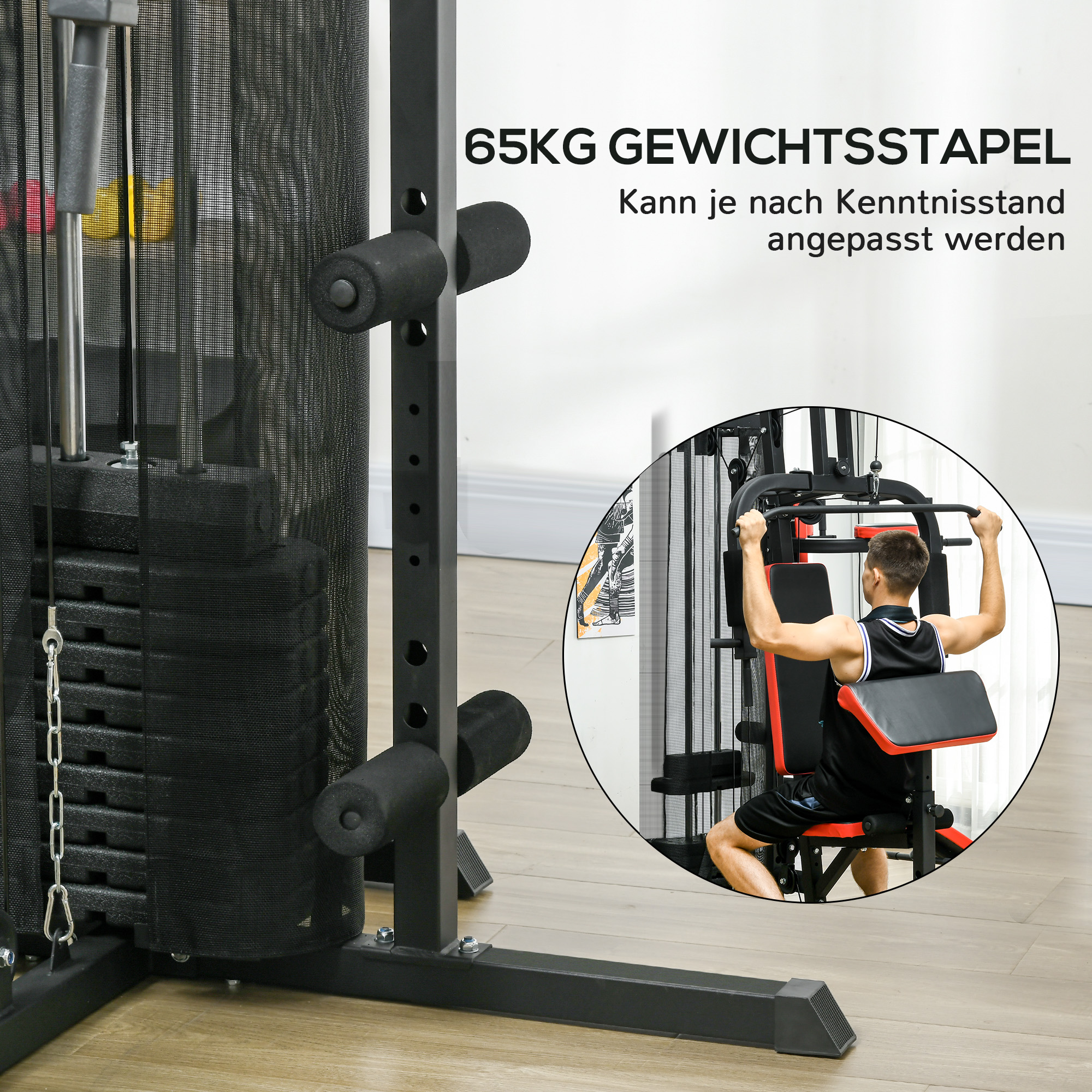 SPORTNOW Multifunctionele Trainingsstation met 65 kg Gewichtsblok, Verstelbaar, Voor Thuis Fitness, Staal, Kunstleer