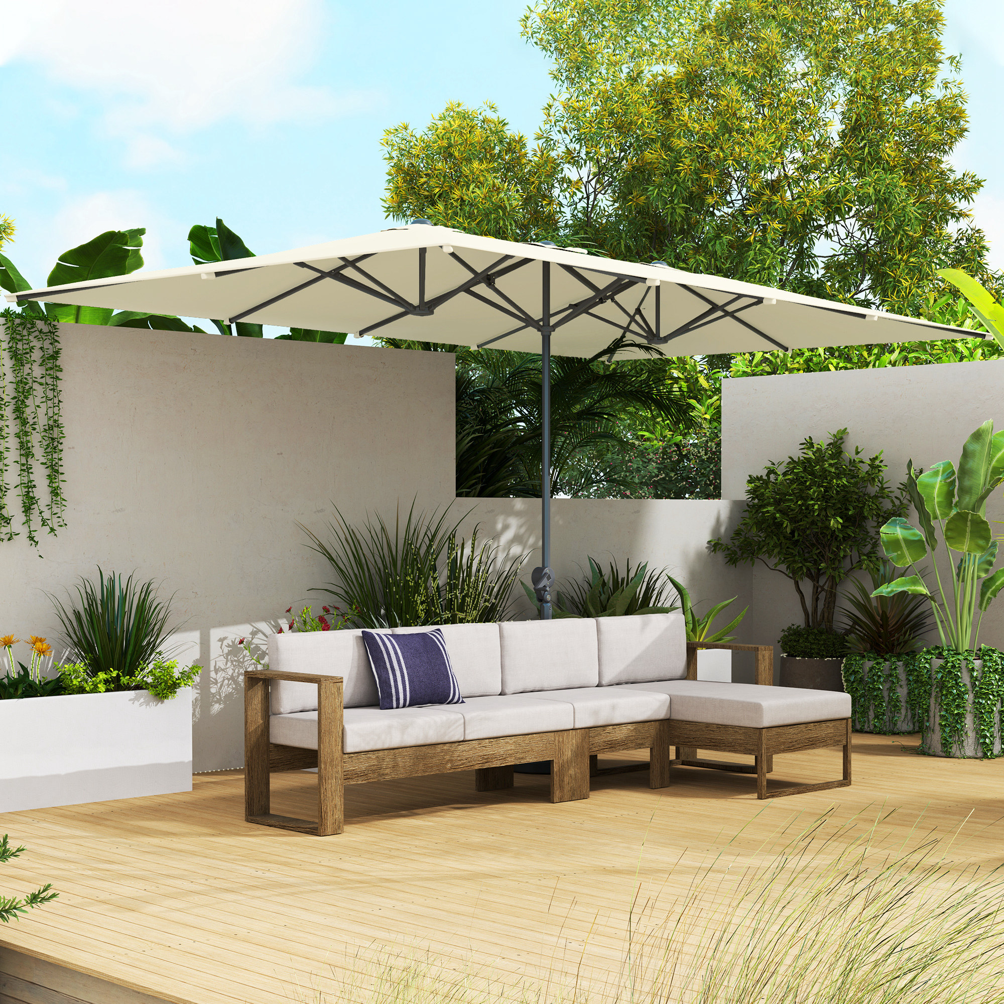 Outsunny Dubbelzijdige Parasol, 451 x 264 cm Zonnescherm met Kruksysteem, 12 Metalen Baleinen, Aluminiummast, Crèmewit