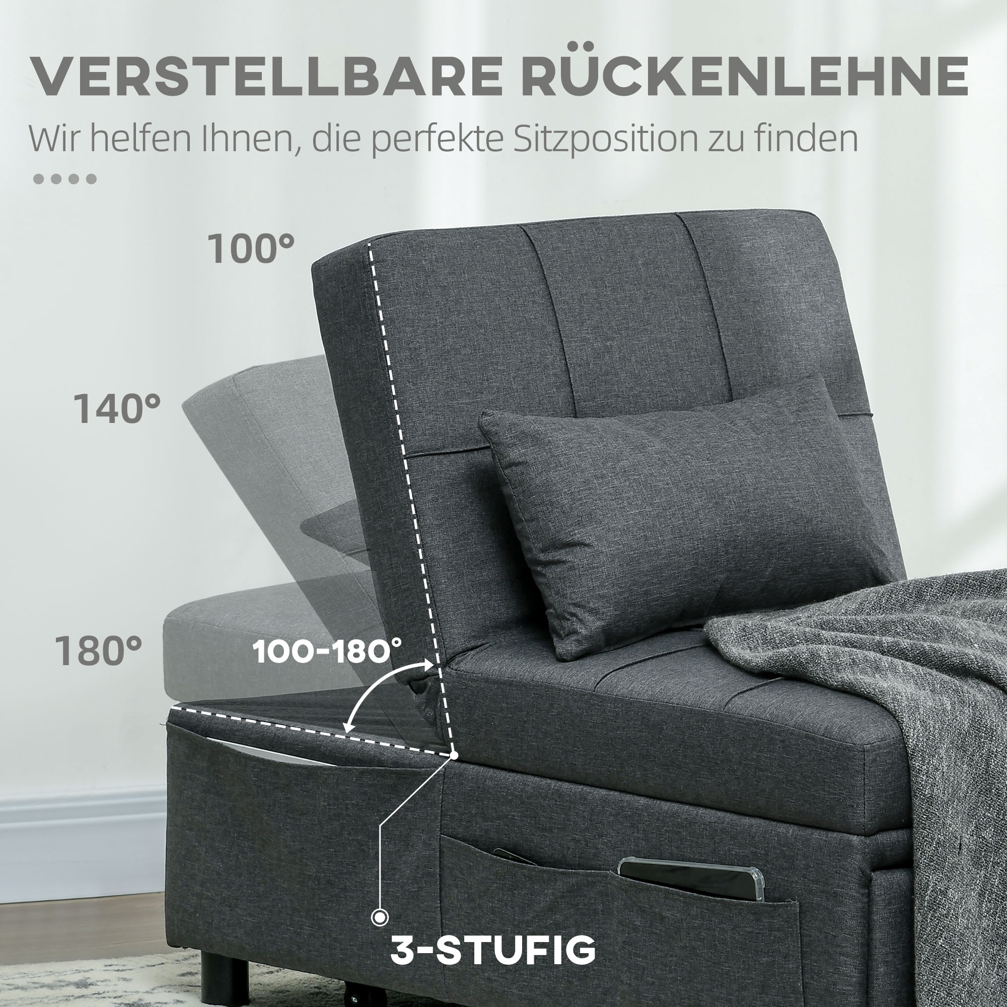 HOMCOM Ligstoel Slaapstoel 3-in-1 Stoel, linnenlook, inclusief kussen, 65,5 cm x 104 cm x 81 cm, Donkergrijs