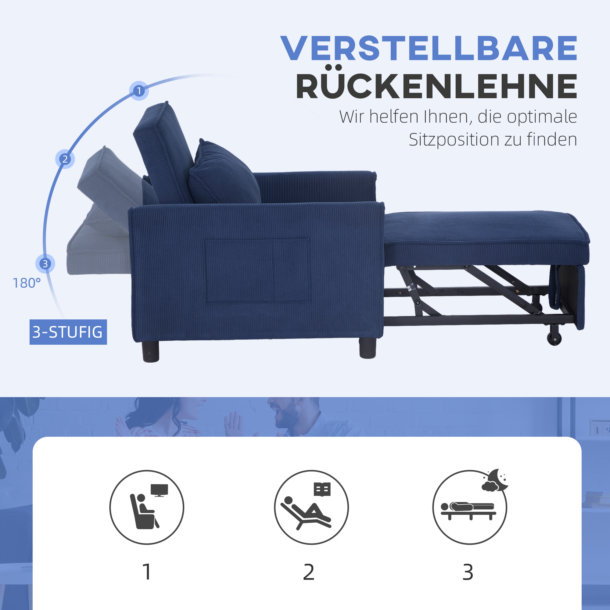 HOMCOM Slaapfauteuil, Verstelbaar, 3 Posities, Corduroy Bekleding, tot 120 kg, Blauw