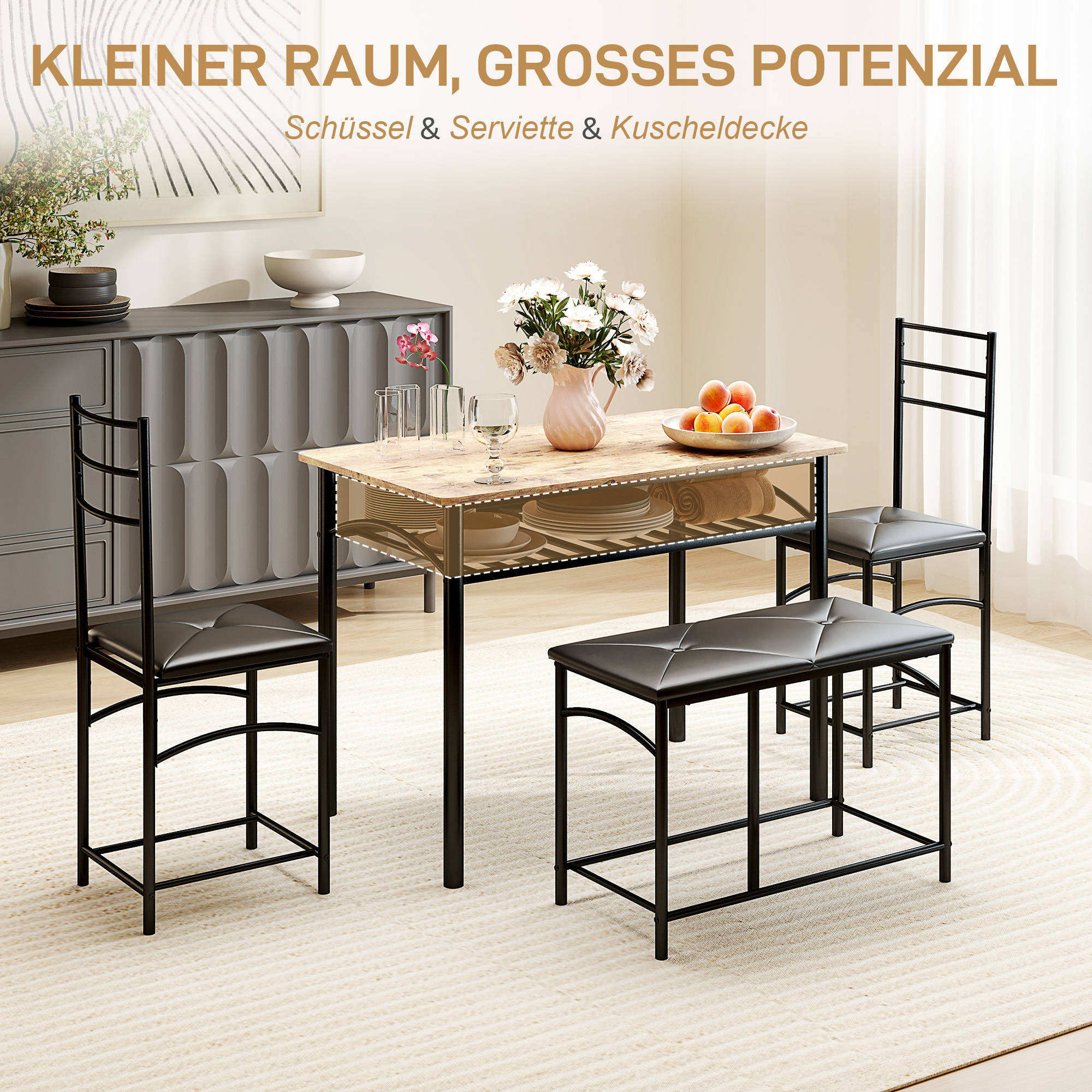 HOMCOM 4-Delige Eetkamerset, Ruimtebesparende Set met Tafel, 2 Stoelen en Bank voor Kleine Ruimtes, Metaal, Hout, Bruin