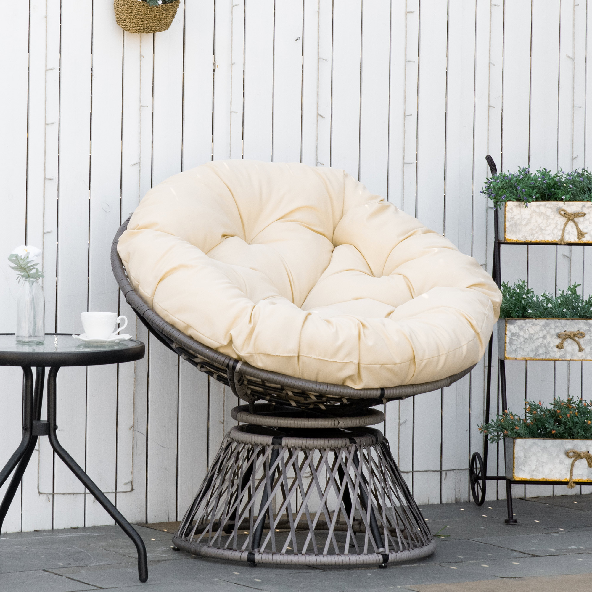 Outsunny Papasan Stoel Rotan Fauteuil met Kussen, Kunstrotan, Draaibaar, 87 x 97 x 86 cm, Beige
